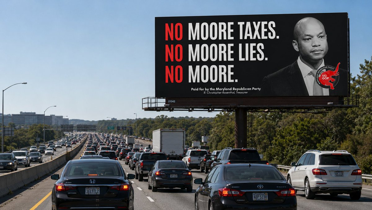 MDGOP's tweet photo. 🚨 Help launch the No Moore Billboard Blitz!

We're ready to take our message to one of Maryland's busiest highways and put it in front of tens of thousands of travelers and commuters.

The artwork is done. The location is lined up. Now we need your help to get it up.

Every dollar gets us closer to putting the "No Moore" message where Maryland can't miss it.

Chip in today and help make it happen: https://t.co/AkoAWphFvI