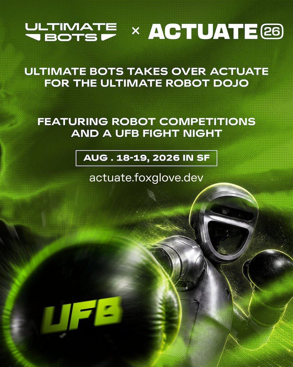 foxglove's tweet photo. Actuate 26 attendees, gear up! @UFBots is bringing UFB Robot Fight Night to #Actuate26 🤖

Night one: drinks, food, and Ultimate Bots battling it out in the cage.

Want to pilot a robot? RT + comment "Fight!" — we'll pick a few of you to take the controls. https://t.co/zWnHKyQGSj
