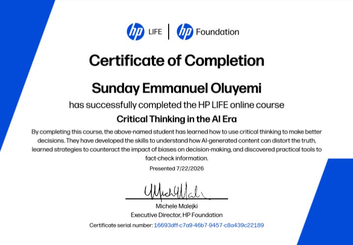 SundayEmmanuelO's tweet photo. Growth never stops.

Today, I'm grateful to have earned four new certifications in Artificial Intelligence, Business Communication, Critical Thinking , Youth Leadership.

Every opportunity to learn is another step toward becoming a better communicator, leader, and changemaker. https://t.co/OXrB8Hwo4t