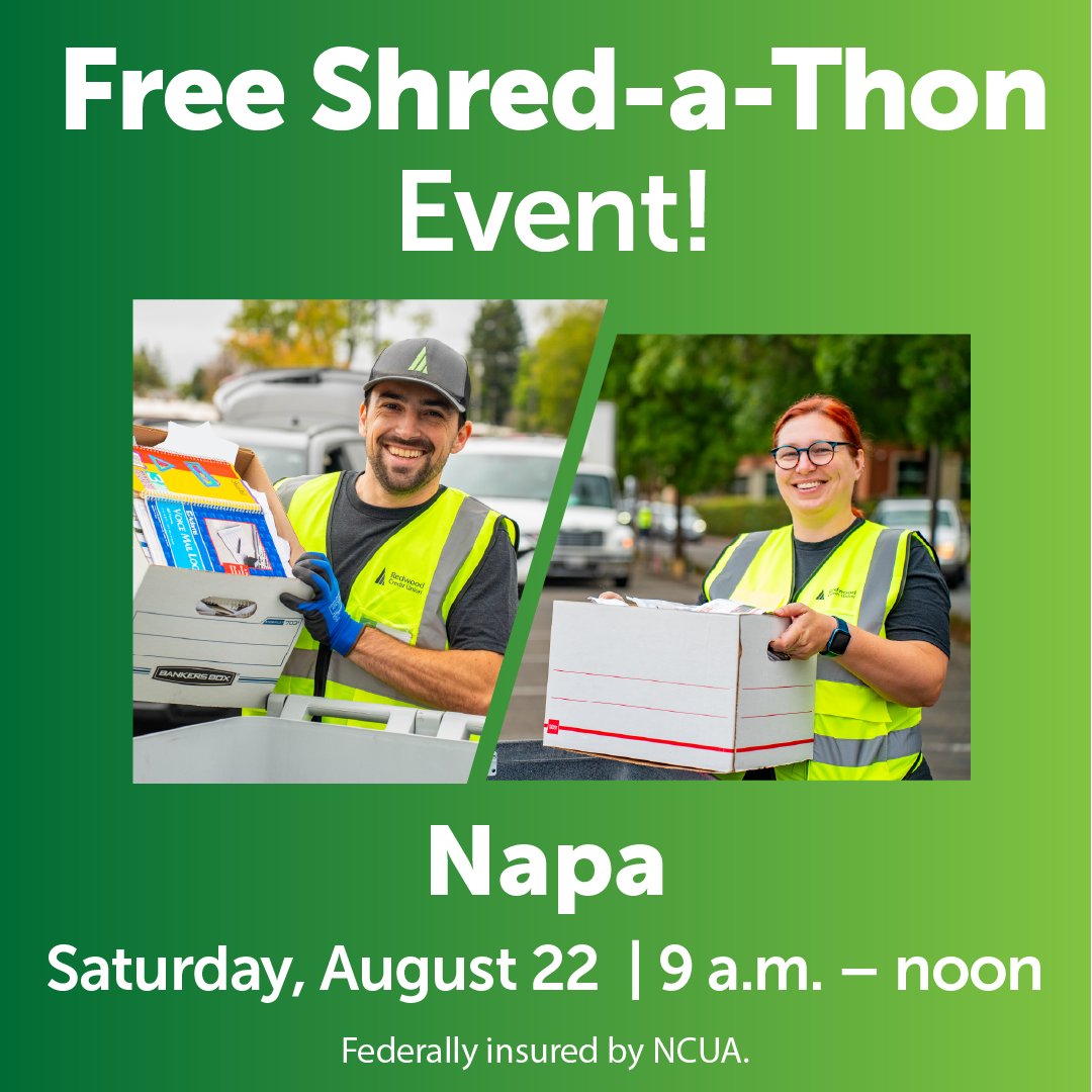 RedwoodCU's tweet photo. Join us at our Napa County Shred-a-Thon!

📆 Saturday, August 22
🕘 9 a.m. – noon PDT
📍 Redwood Credit Union Devlin Rd. branch, 480 Devlin Rd., Napa, CA

You can bring up to 3 bankers boxes of documents to be securely disposed of by Shred-It @WasteManagement.

This event will benefit Puertas Abiertas. Monetary donations welcome.