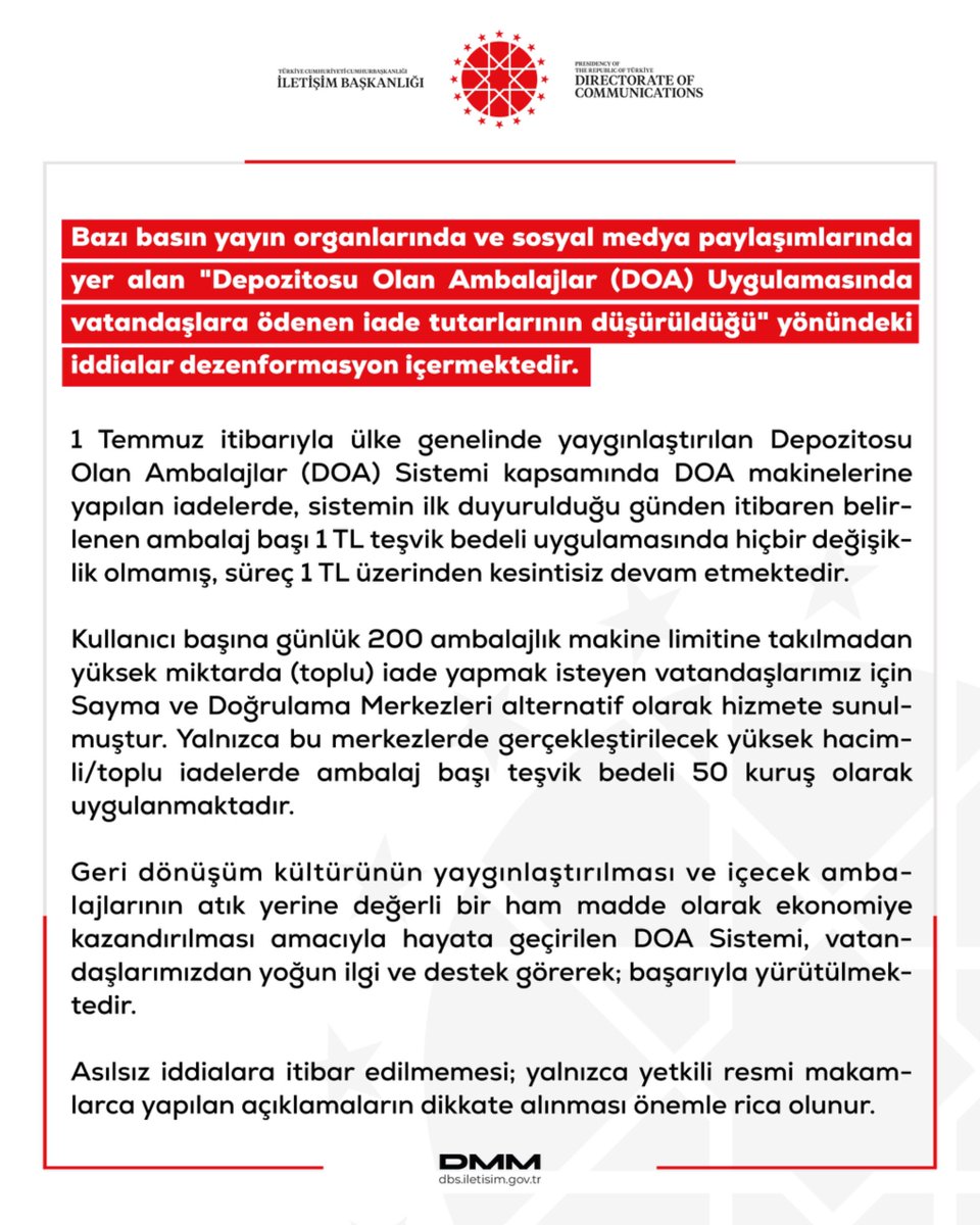 dmmiletisim's tweet photo. Bazı basın yayın organlarında ve sosyal medya paylaşımlarında yer alan "Depozitosu Olan Ambalajlar (DOA) Uygulamasında vatandaşlara ödenen iade tutarlarının düşürüldüğü" yönündeki iddialar dezenformasyon içermektedir.

1 Temmuz itibarıyla ülke genelinde yaygınlaştırılan Depozitosu Olan Ambalajlar (DOA) Sistemi kapsamında DOA makinelerine yapılan iadelerde, sistemin ilk duyurulduğu günden itibaren belirlenen ambalaj başı 1 TL teşvik bedeli uygulamasında hiçbir değişiklik olmamış, süreç 1 TL üzerinden kesintisiz devam etmektedir.

Kullanıcı başına günlük 200 ambalajlık makine limitine takılmadan yüksek miktarda (toplu) iade yapmak isteyen vatandaşlarımız için Sayma ve Doğrulama Merkezleri alternatif olarak hizmete sunulmuştur. Yalnızca bu merkezlerde gerçekleştirilecek yüksek hacimli/toplu iadelerde ambalaj başı teşvik bedeli 50 kuruş olarak uygulanmaktadır.

Geri dönüşüm kültürünün yaygınlaştırılması ve içecek ambalajlarının atık yerine değerli bir ham madde olarak ekonomiye kazandırılması amacıyla hayata geçirilen DOA Sistemi, vatandaşlarımızdan yoğun ilgi ve destek görerek; başarıyla yürütülmektedir.

Asılsız iddialara itibar edilmemesi; yalnızca yetkili resmi makamlarca yapılan açıklamaların dikkate alınması önemle rica olunur.