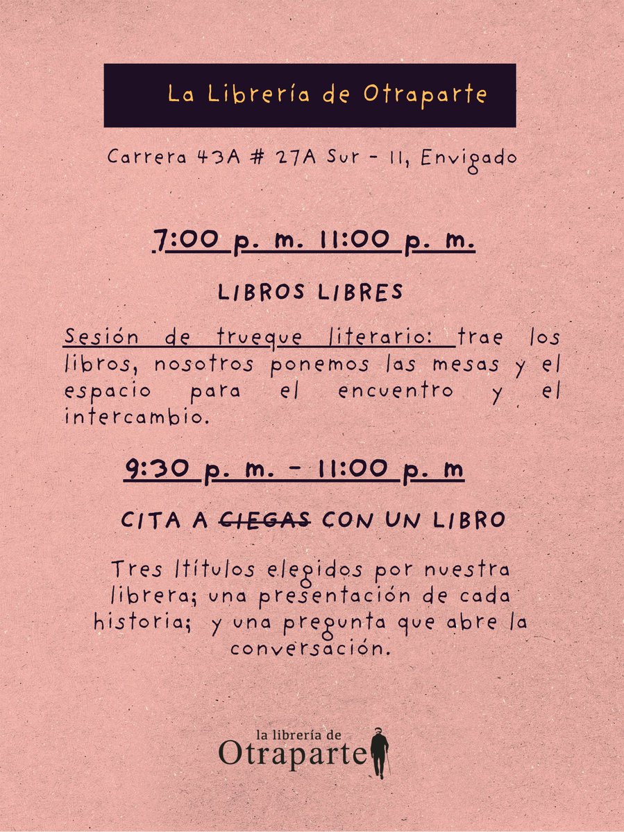 otraparte's tweet photo. Trueque literario y Cita a ciegas con un libro. Te esperamos en #Otraparte para la primera Noche de Librerías de 2026 https://t.co/GVDr0ncPfT