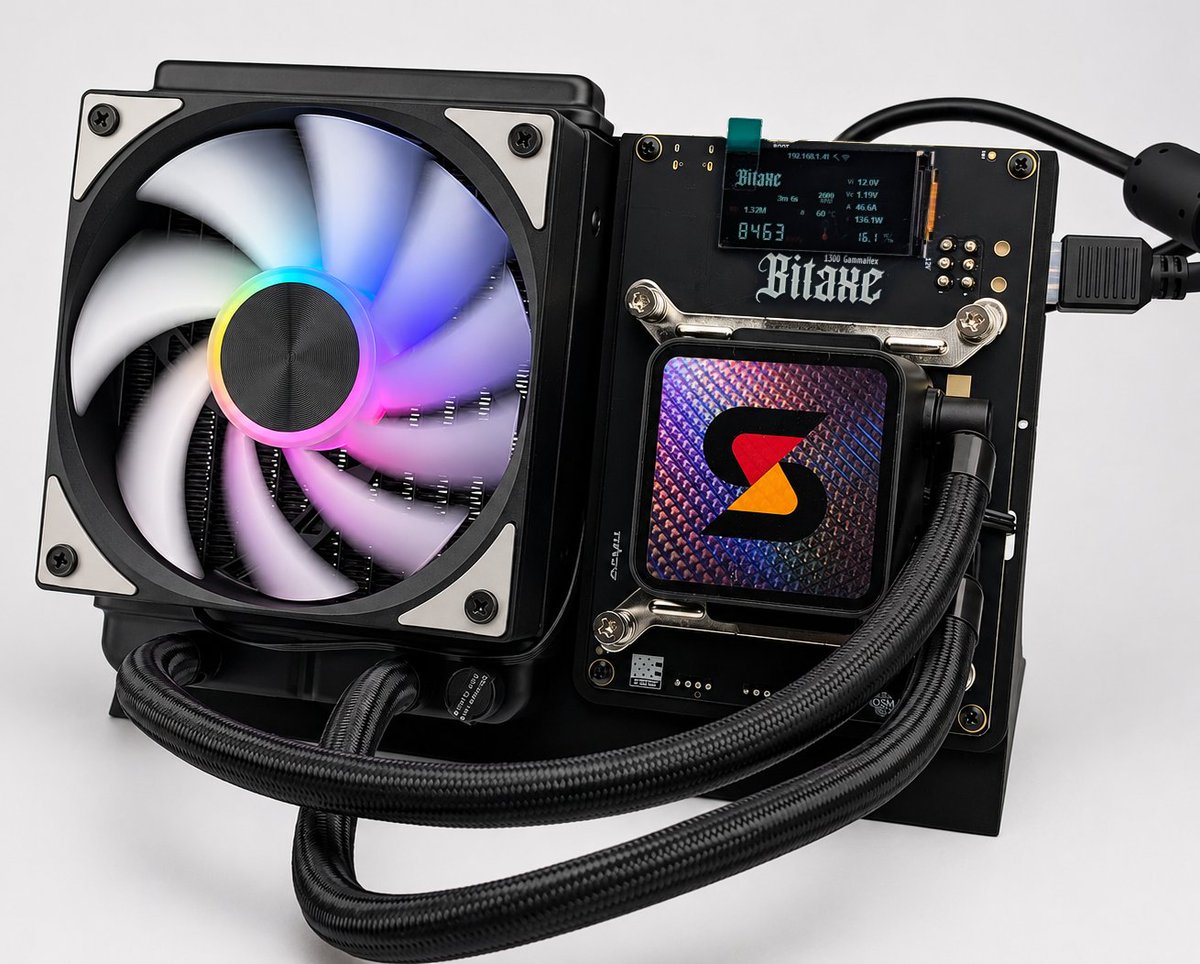 SoloSatoshi's tweet photo. Meet the new &amp; improved Bitaxe Hex; the most powerful Bitaxe yet!

• 6 x BM1370.
• 8.4 TH/s (default).
• 11 TH/s + (overclocked).
• 140 Watts.
• 16 j/TH.
• Hydro cooling with RGB.
• New 6-pin Molex connector.

Come see it at Mining Disrupt. Booth #70! https://t.co/93dKfaHdGb