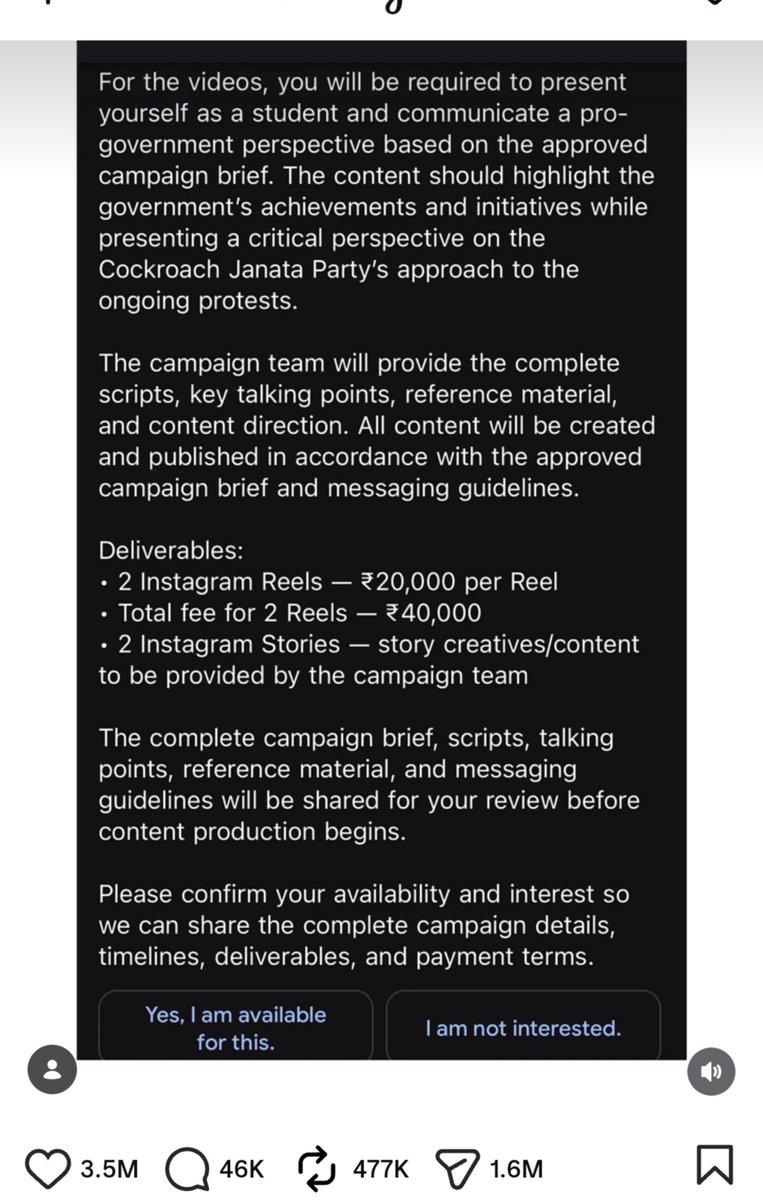 Sharanyashettyy's tweet photo. This influencer theharrykazama claimed he got an email from "Aevora Communications," allegedly Modi's PR agency, offering paid reels. It racked up nearly 3M views and 1.6M shares.
Except there's no trace of any "Aevora Communications." No legally registered company. Nothing.
People will believe absolutely anything on Instagram if it fits their bias. Millions swallowed it without asking the most basic question: Does this company even exist? That's how embarrassingly low the bar for "evidence" has become on Instagram.