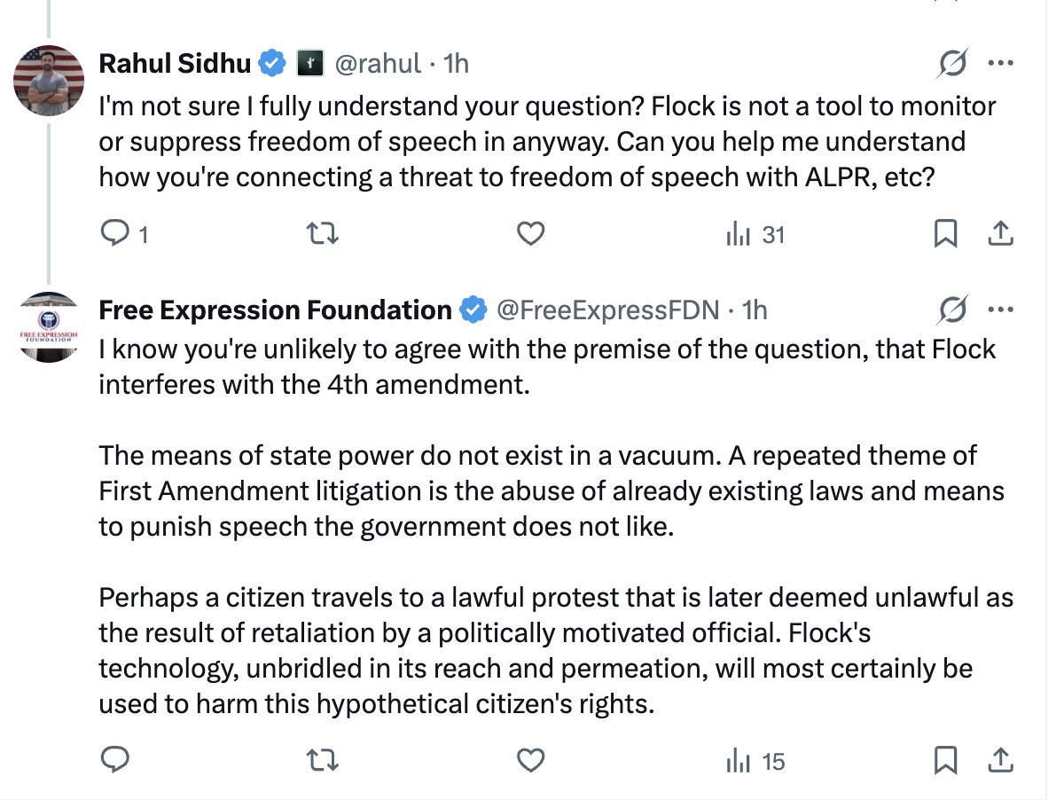 FreeExpressFDN's tweet photo. Flock's Rahul Sidhu finds the connection between the Fourth and First Amendments difficult to understand. https://t.co/CPAh7Bf9j2