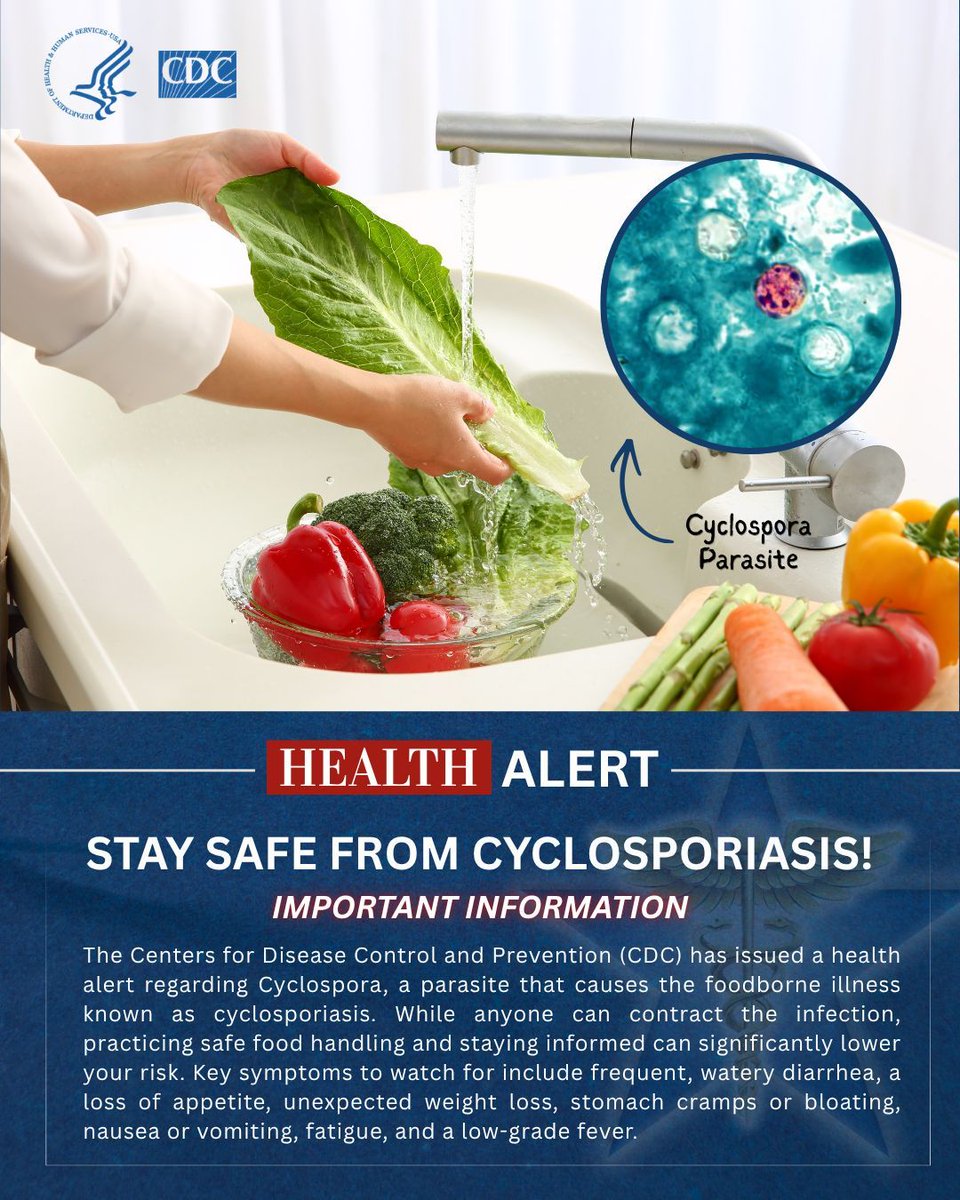 SCMH1975's tweet photo. CDC Health Alert: Stay Safe from Cyclosporiasis 🚨

Your health starts with awareness. The CDC has issued a health alert regarding Cyclospora, a parasite that can cause a foodborne illness known as cyclosporiasis. https://t.co/IYgqCZAYnI