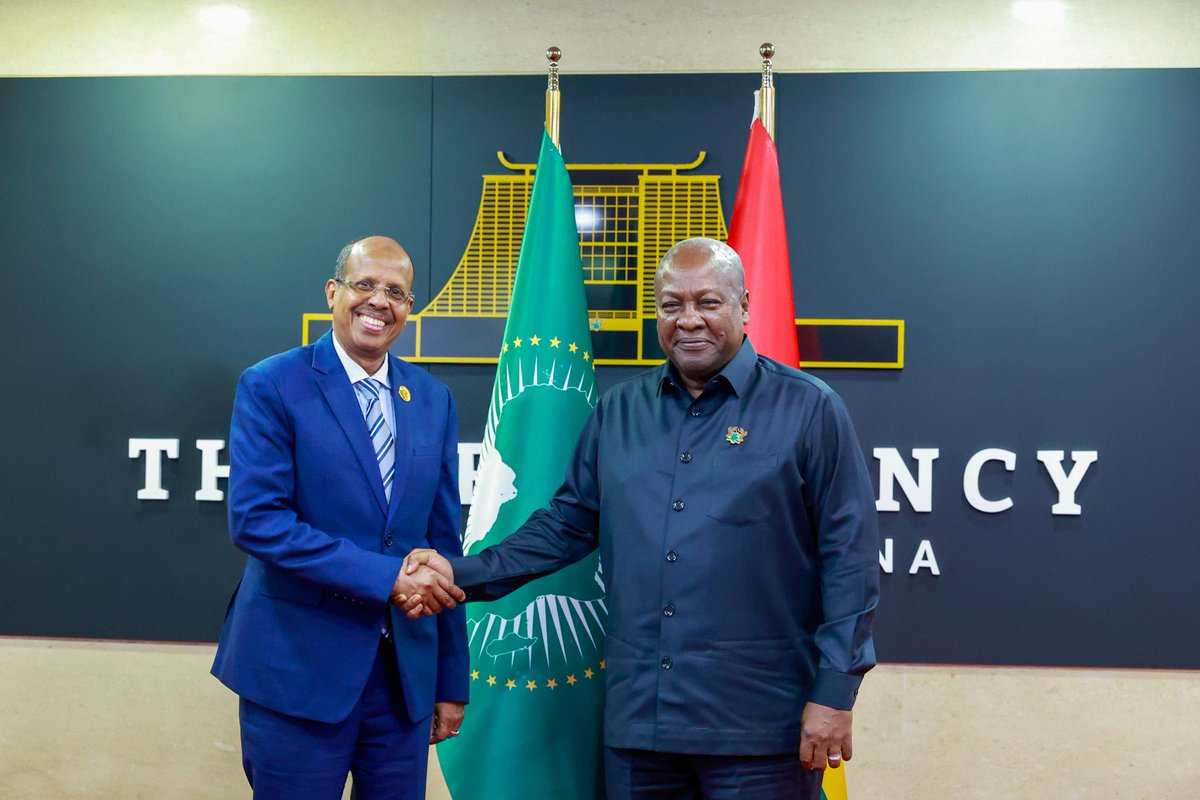 _AfricanUnion's tweet photo. The Chairperson of the African Union (AU) Commission, H.E. Mahmoud  Ali Youssouf, was received this evening at the Jubilee House in #Accra by  H.E. John Dramani Mahama, President of the Republic of #Ghana on the  margins of the AU Health Summit.

President Mahama expressed his appreciation to the Chairperson for  convening the AU Extraordinary Summit on Sustainable Health Financing,  Domestic Health Manufacturing & Research in Accra, & reaffirmed  Ghana's commitment to supporting the implementation of the Summit's  outcomes. He expressed the hope that all AU Member States would  similarly translate the decisions of the Summit into concrete action,  noting that the Accra Declaration is fully aligned with the African  Union's vision of strengthening the continent's self-reliance through  expanded local production of pharmaceuticals, vaccines, &  diagnostics.

The President further highlighted Ghana's continued investments in  strengthening its national health system & expanding access to  quality primary healthcare as part of the country's broader commitment  to achieving universal health coverage. He also expressed appreciation  to the AU Commission for its support for Ghana's initiative on  reparatory justice at the UN General Assembly, which received the  backing of the majority of UN Member States.

The Chairperson thanked President Mahama for Ghana's exemplary  leadership in hosting the successful Extraordinary Summit &  expressed his gratitude for the warm hospitality extended by the  Government & the people of Ghana to all participating delegations.  He commended President Mahama's leadership & reaffirmed Ghana's  important contribution to advancing the AU's #Agenda2063. He also  applauded Ghana's progress in strengthening domestic pharmaceutical  manufacturing capacity, describing it as an important example of the  continental ambition to build resilient & self-sustaining health  systems.

The Chairperson @ymahmoudali & President Mahama @JDMahama also exchanged views on recent  incidents affecting African migrants in parts of the continent. They  reaffirmed the AU's shared commitment to the protection of the rights,  dignity & safety of all African citizens wherever they reside,  underscoring the importance of addressing such challenges in a spirit of  solidarity, dialogue & respect for the rule of law, while  preserving the longstanding bonds of brotherhood & cooperation among  AU Member States.

Read @ https://t.co/hZhWAEnqaW