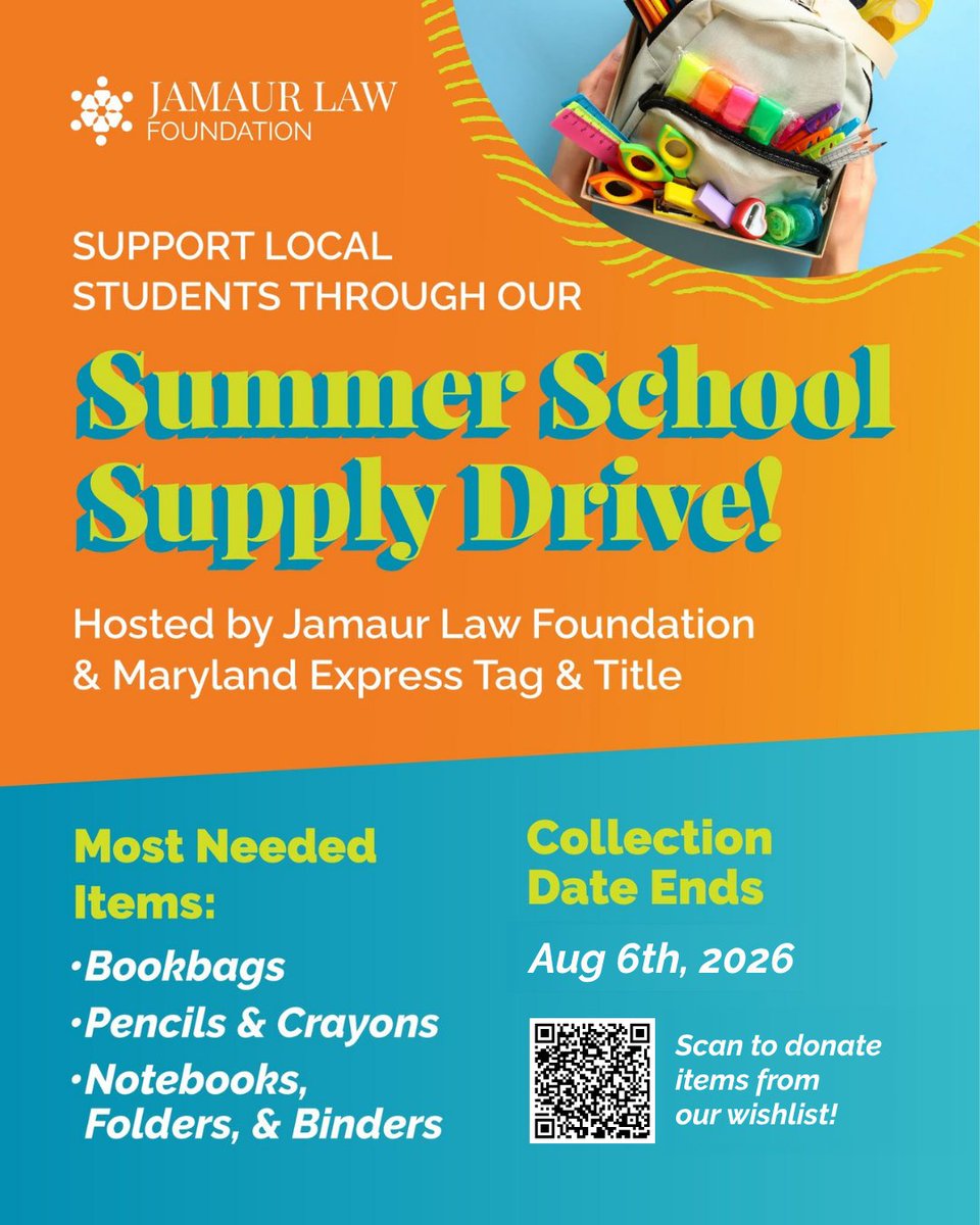 LRNFinancial's tweet photo. Our 3rd Annual School Supply Drive is ending soon!
Drop off new school supplies at any participating Maryland Express Tag & Title location or donate here: https://t.co/iDRdA75Fzp 💙
Reach out for more info!
#GiveBack #SupportStudents #CommunityImpact #JLFSmartMoney https://t.co/fTKFT5sXab
