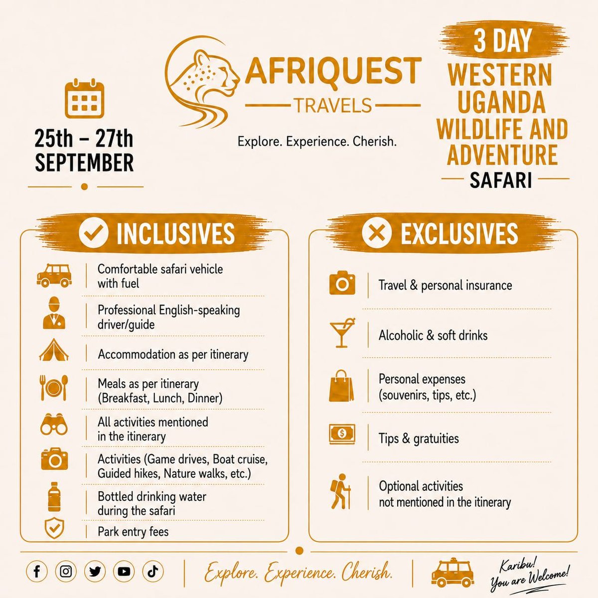 AfriquestUG's tweet photo. Join Afriquest Travels from 25th–27th September 2026 for an unforgettable Western Uganda Wildlife and Adventure Safari.

📞 Office: +256 753 202744
📲 WhatsApp: +256 788 174021
✉️info@afriquesttravels.com

Limited spaces available. Book now and experience the Pearl of Africa. https://t.co/5FIvwsPMxH