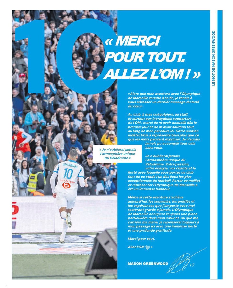 Mercat_OM's tweet photo. 🚨 Mason Greenwood 🏴󠁧󠁢󠁥󠁮󠁧󠁿 s’est offert une pleine page dans La Provence pour faire un dernier au revoir aux supporters de l’OM ! 

La très grande classe 👏🏽💙🤍 https://t.co/aIAZfzmdus