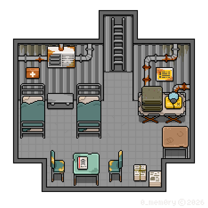 0_mem0ry's tweet photo. A cozy little underground bunker, to while away those long nuclear winters ☢️

Made using my (fairly) recently updated Post Apoc Shelter mega bundle. Lots of fun wasteland themed game assets, check out the link for https://t.co/NPPys0WeM4 in my profile 😁

#Pixelartㅤㅤㅤㅤ https://t.co/aRA5v8XOUD