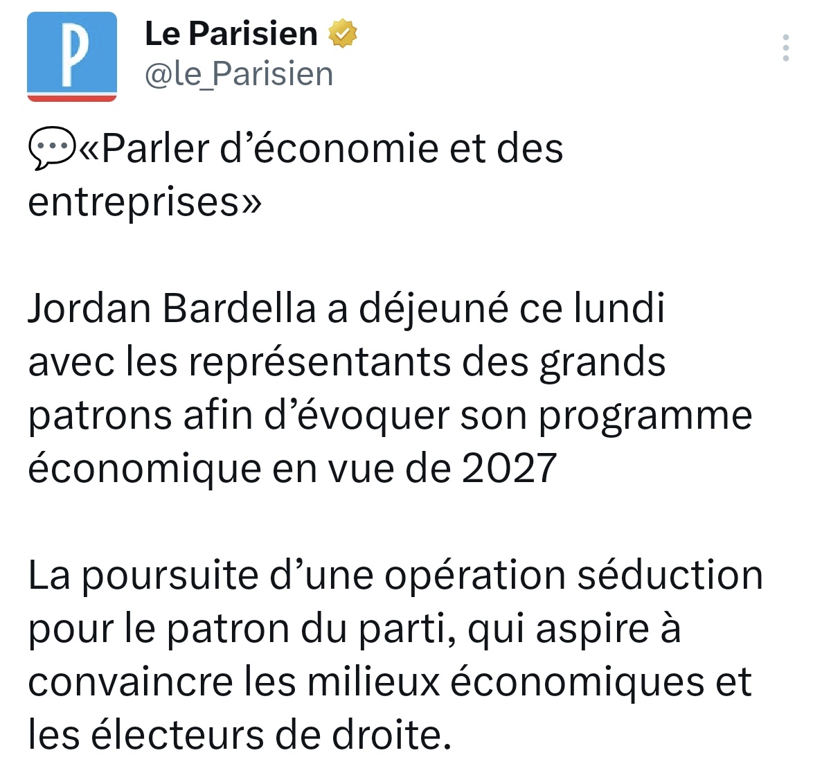 L_Wcrdt's tweet photo. Quand Bardella déjeune avec les grands patrons, il va convaincre les milieux économiques.

Quand Mélenchon dîne avec les grands patrons, il devient un espion qui parle avec un lobby.

Elle n'est pas belle la diabolisation de Mélenchon ? https://t.co/9RuMSIeW7C