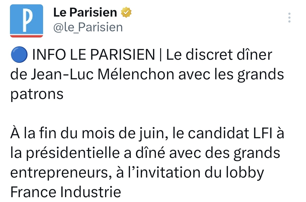 L_Wcrdt's tweet photo. Quand Bardella déjeune avec les grands patrons, il va convaincre les milieux économiques.

Quand Mélenchon dîne avec les grands patrons, il devient un espion qui parle avec un lobby.

Elle n'est pas belle la diabolisation de Mélenchon ? https://t.co/9RuMSIeW7C
