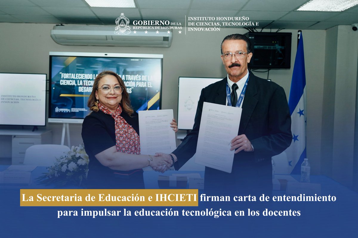 IHCIETI's tweet photo. 🤝 El IHCIETI y @Seduc_HN  firmaron una Carta de Entendimiento para capacitar a docentes en competencias tecnológicas y fortalecer la educación en Honduras. 🇭🇳💻

Esta alianza es impulsada por la Junta Interventora Presidencial. https://t.co/xpjuu7WW4v