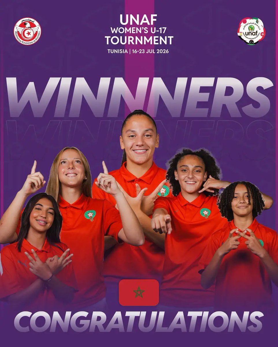 trhdwine's tweet photo. 🇲🇦✌️🦁

✅️رسميا: #المغرب يتوج بلقب #UNAF للسيدات U17 🇲🇦🏆

💪#لبؤات_الأطلسU17 يتوجن بلقب دورة اتحاد شمال إفريقيا بعد مشوار أسطوري وأداء رجولي!
هيمنة كاملة... لقب مستحق 👏  
🙏شكرا لكن.
#UNAF #Champions #Morocco #U17 #WomensFootball https://t.co/S1sMQCPAo0
