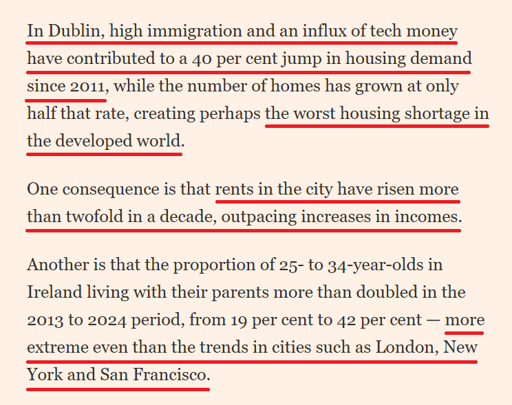 WatchdogIRL's tweet photo. We have to read this in the FT because Irish politicians &amp; media deny it. The housing crisis is caused by reckless mass immigration, &amp; there's no plan to fix it.
2010:
+300k empty houses
2011-2024:
+71k native population
+780k net immigrants
2026:
-300k current housing shortfall https://t.co/LzF6ETCVUq