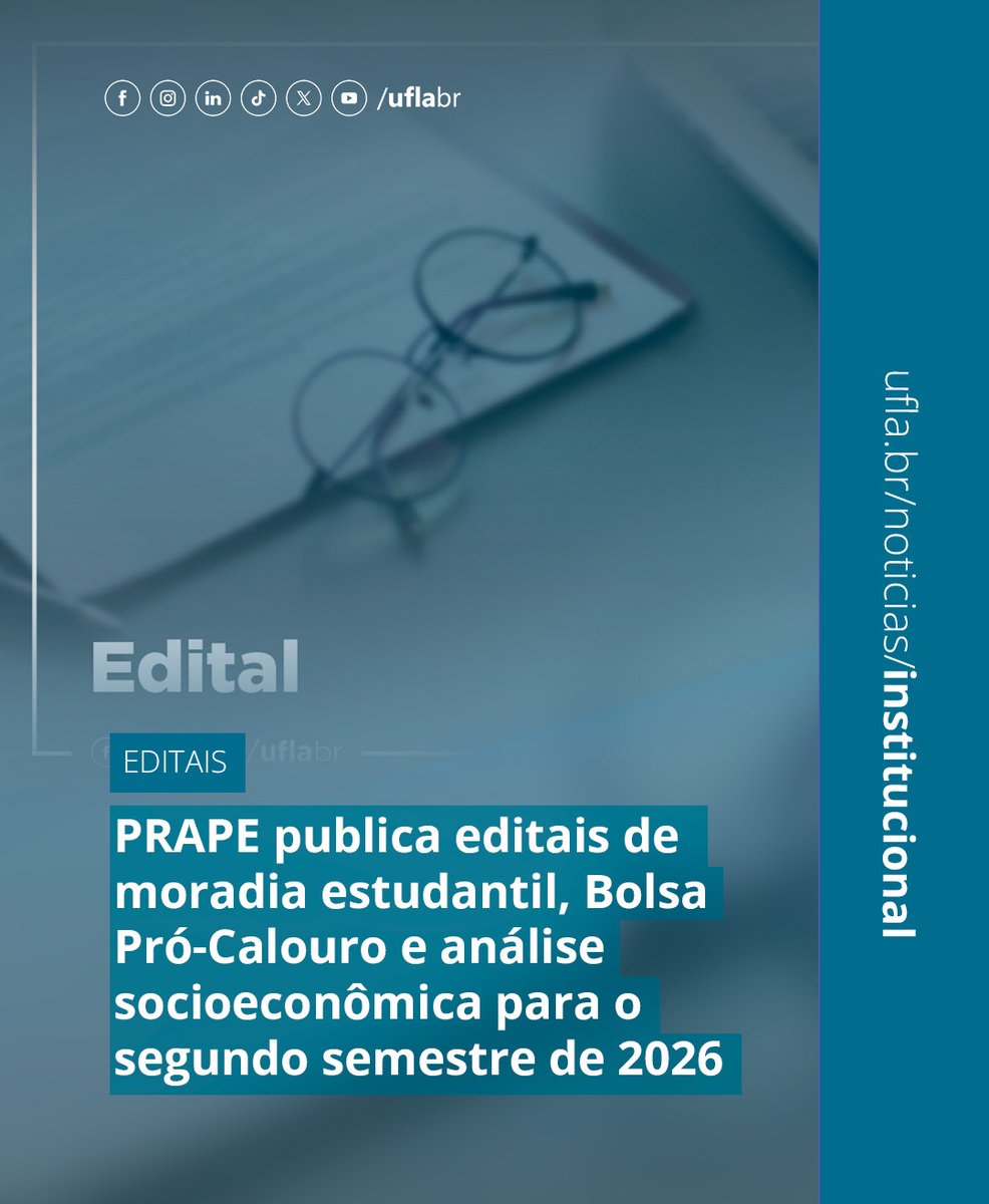 uflabr's tweet photo. A Pró-Reitoria de Apoio à Permanência Estudantil (Prape/UFLA), por meio da Diretoria de Apoio à Permanência Estudantil (DAPE), publicou os editais referentes aos programas de assistência estudantil para o segundo semestre letivo de 2026.

Saiba mais: https://t.co/Wo2NW14g9i https://t.co/PMpXTLViMZ