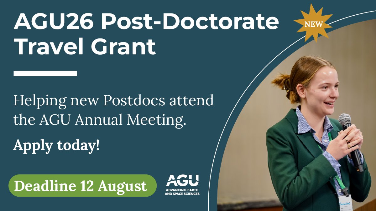theAGU's tweet photo. 🚨 New for 2026! 🚨 Postdocs can now apply for the AGU26 Postdoctoral Travel Grant to help cover costs of attending the AGU Annual Meeting in person!

👉 Don't miss this opportunity—applications are due 12 August: https://t.co/nQnOufSfsI

#AGU26 #Postdoc #Grant #ScienceFunding https://t.co/Pl0w6k7Yjz