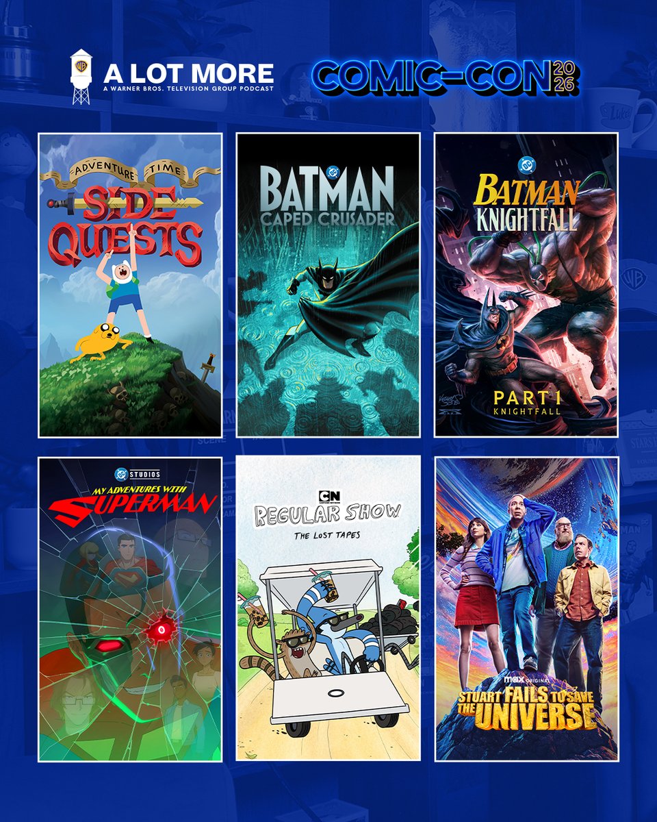 warnerbrostv's tweet photo. A Lot More is heading to #SDCC! 🤩 Stay on the lookout for upcoming episodes with the creatives and cast members of Adventure Time: Side Quests, Batman: Caped Crusader, Batman: Knightfall, My Adventures With Superman, Regular Show: The Lost Tapes, and Stuart Fails To Save The Universe! #WBTV