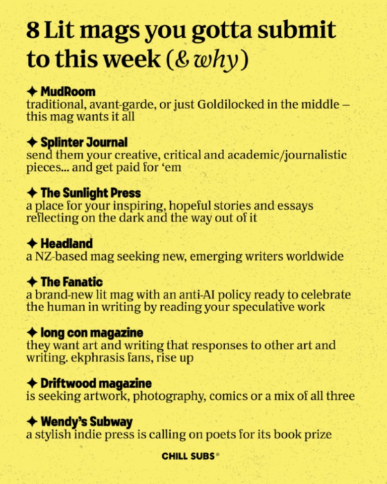 chillsubs's tweet photo. it’s that time of the week again, friends! these lit mags are open now and waiting for you, so submit away 💌
https://t.co/aORG7Ljlpf https://t.co/LxS4n76CYC