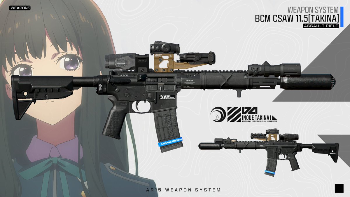 ZHOUZI516497's tweet photo. BCM CSAW LR [TAKINA] &amp; [CHISATO]
I rendered fan-art weapon configuration illustrations for the two main heroines in Lycoris Recoil
The weapon system is based on the BCM RECCE-11 MCMR
@BravoCompanyUSA #BCM #InoueTakina #リコリコ #lycoris_recoil #nishikigichisato https://t.co/cnkXZRzO37