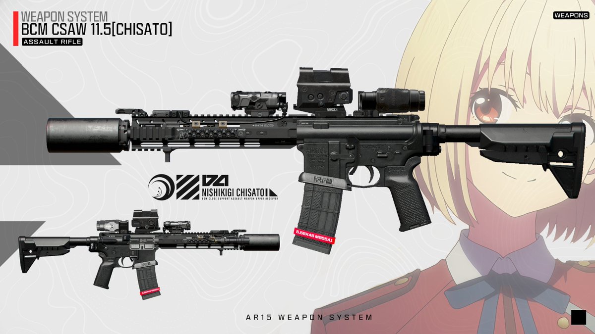 ZHOUZI516497's tweet photo. BCM CSAW LR [TAKINA] &amp; [CHISATO]
I rendered fan-art weapon configuration illustrations for the two main heroines in Lycoris Recoil
The weapon system is based on the BCM RECCE-11 MCMR
@BravoCompanyUSA #BCM #InoueTakina #リコリコ #lycoris_recoil #nishikigichisato https://t.co/cnkXZRzO37
