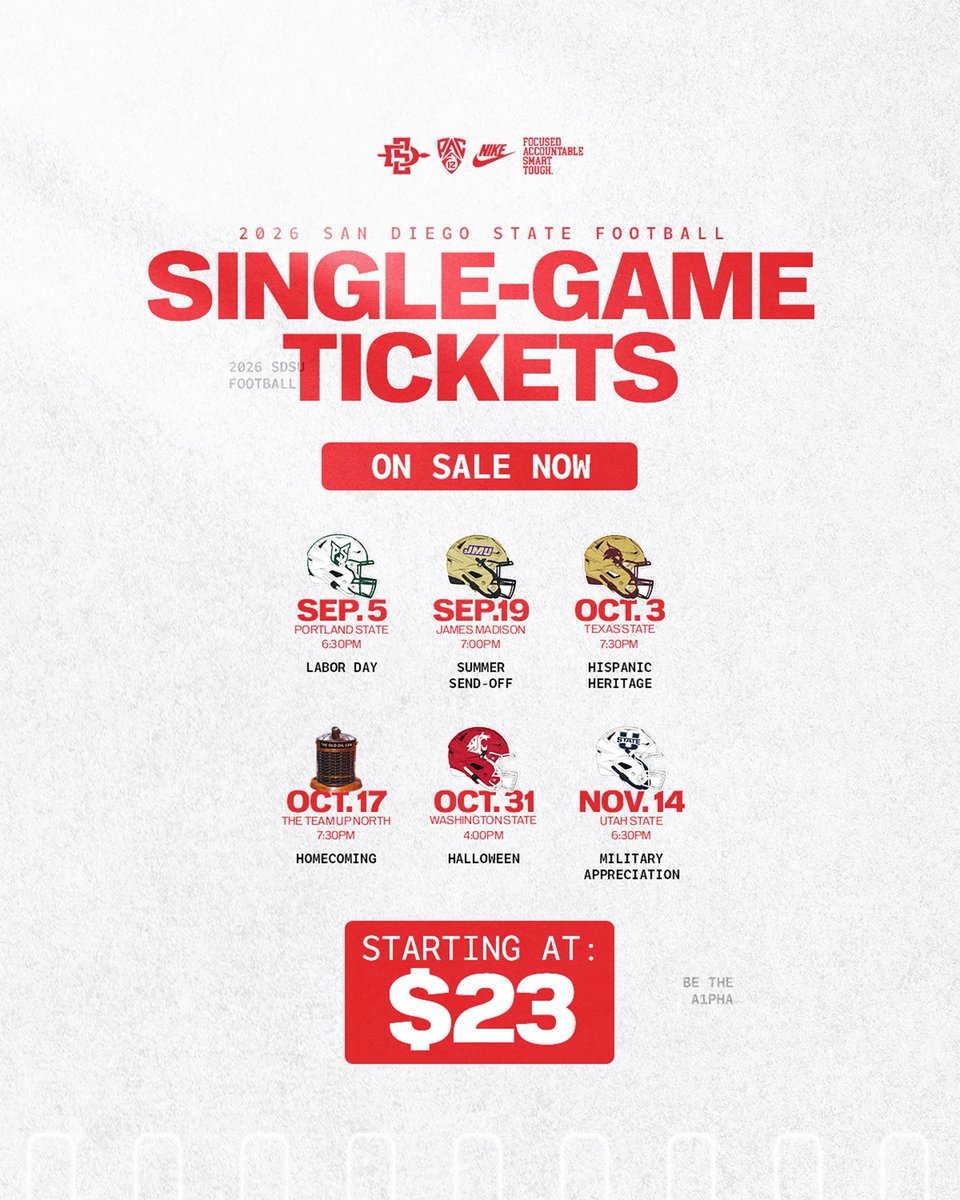 AztecFB's tweet photo. Single Game Tickets Are Here 🚨

Aztec Nation, head to the link below TODAY to secure your single game tickets for the Aztecs 2026, inaugural @pac12 season!

🎟️: https://t.co/L7x7ZkSDYl

📰: https://t.co/Gye9crZ3pd

#AztecFAST 🍢 x #BeTheA1pha 🐺 x #TheClimb 📈 https://t.co/eqqlcog0J6
