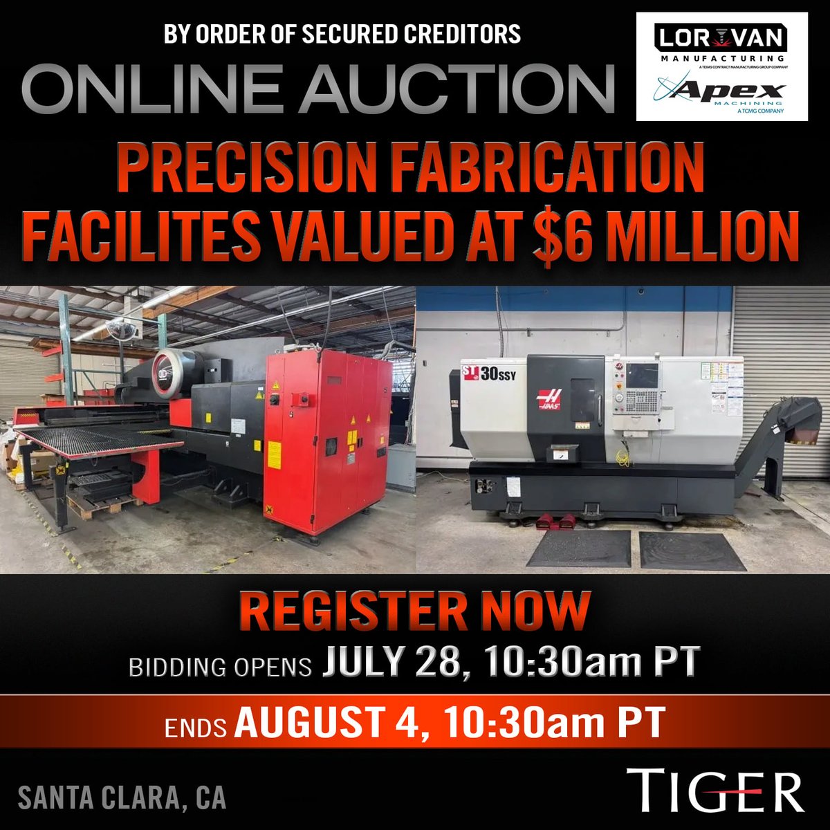 SoldTiger's tweet photo. Expand your shop with high-precision CNC equipment.

Bid on $6M in machining &amp; fabrication equipment from the Lor-Van Manufacturing &amp; Apex Machining facilities in Santa Clara, CA.

📅 Bidding opens July 28
🔗 https://t.co/zxVRtmdBqf https://t.co/saMqSnu8GM