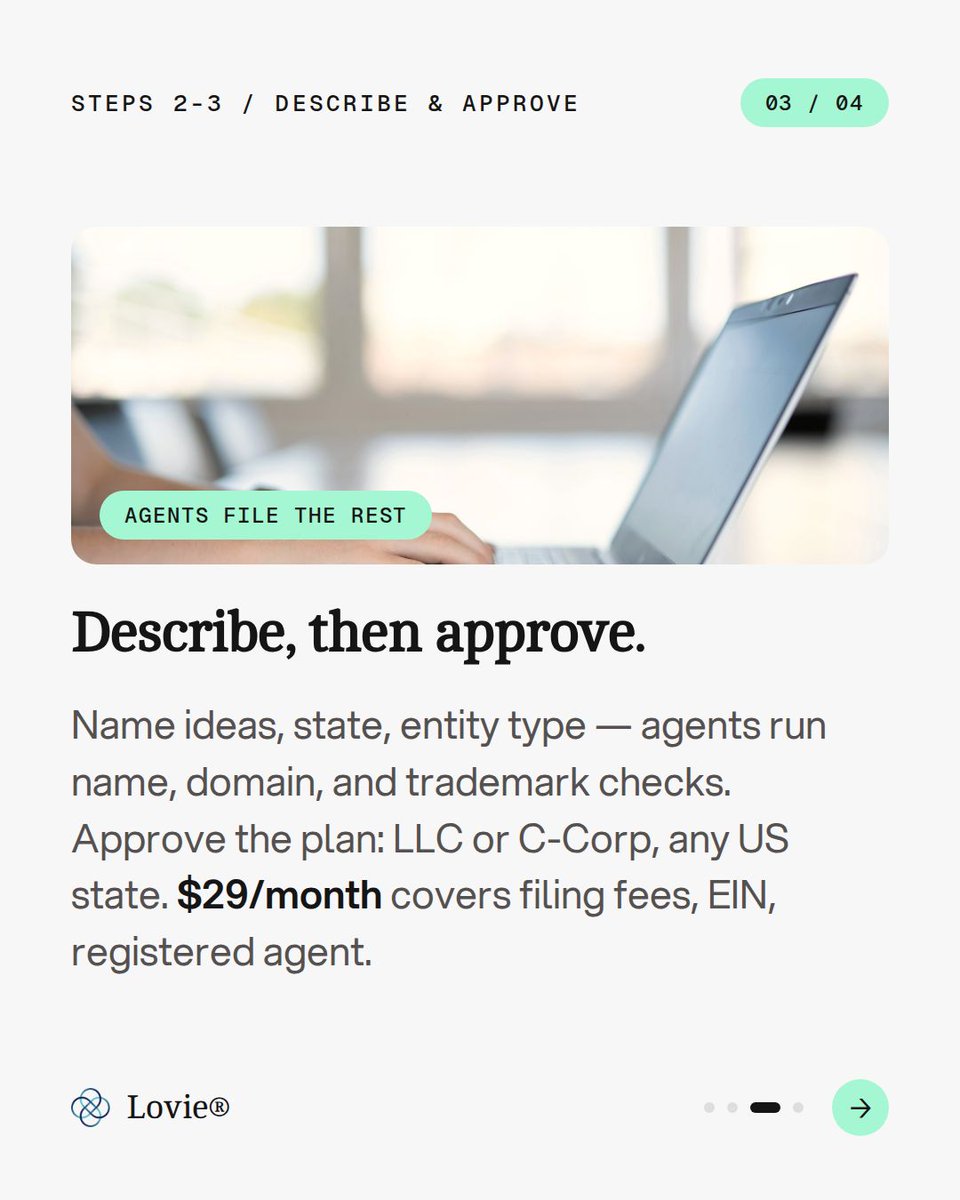 lovieco's tweet photo. Forget everything you know about starting a company. Incorporation was built for lawyers — never for builders.
Launching should be one conversation: agents handle incorporation, EIN, compliance. $29/month.
https://t.co/UuS0icH6dm
#AIFirst #StartupFormation https://t.co/oxvMsyKvDg