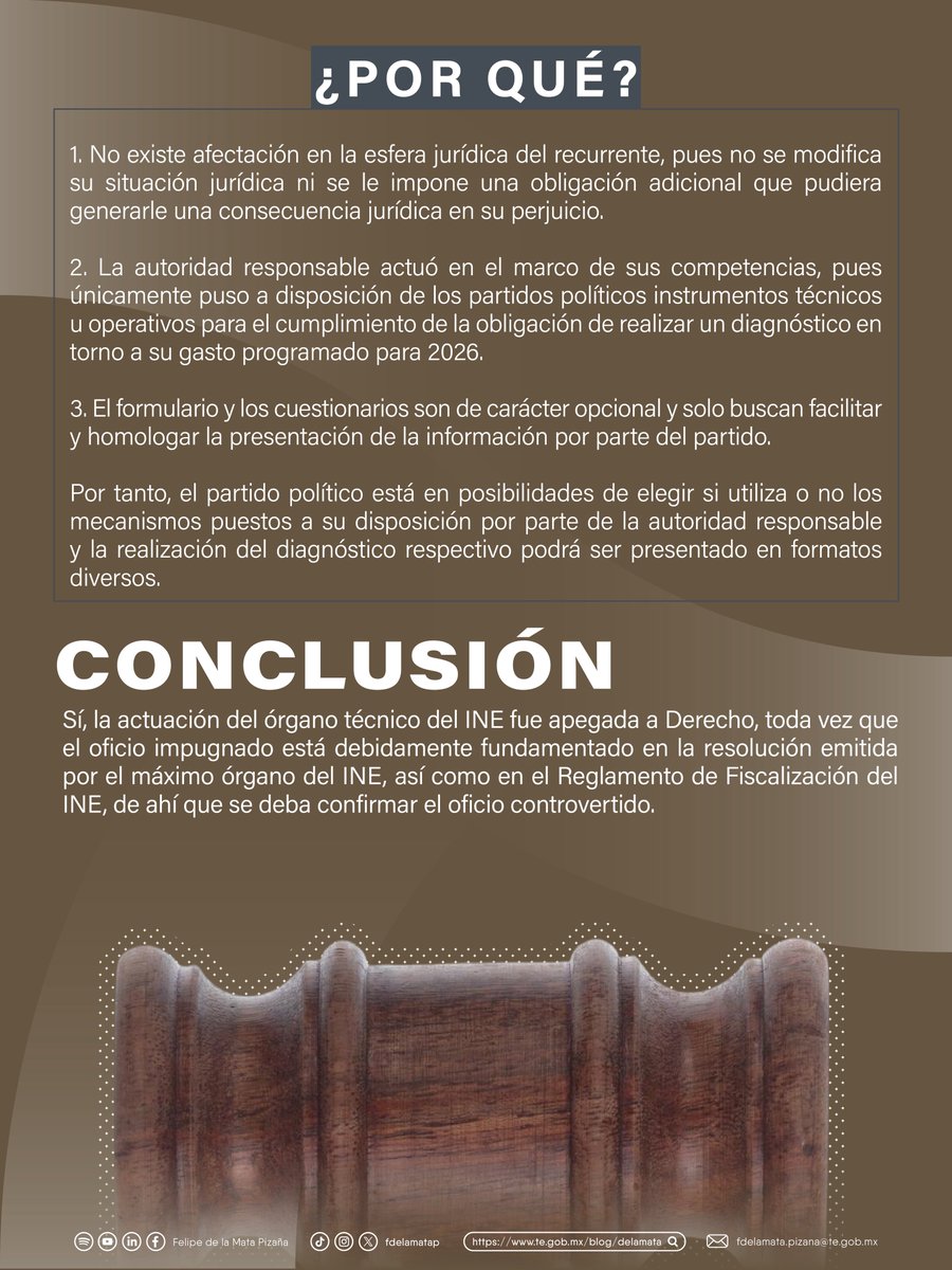 fdelamatap's tweet photo. ¿Fue apegado a derecho que la Unidad Técnica de Fiscalización del @INEMexico solicitara a un partido político el uso de un formulario electrónico en el diagnóstico de gastos específicos en el Programa Anual de Trabajo 2026?

En el recurso de apelación 184/2026, la Sala Superior analizó la impugnación de un partido político nacional en contra de este requerimiento.

Se confirmó que la actuación de la UTF fue apegada a derecho, al tratarse de una herramienta de carácter opcional.

Conoce todos los detalles aquí. 👇🏼