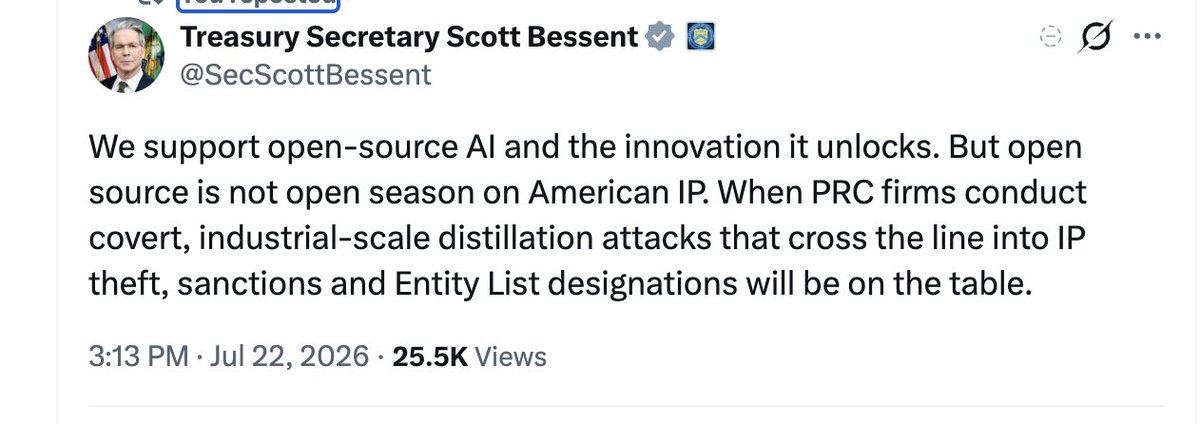 niubi's tweet photo. So the head of White House office of S&amp;T policy, the Treasury Secretary and a senior State Department official have all tweeted similar things about Kimi and distillation today . Something is coming https://t.co/uimJoXbHDm