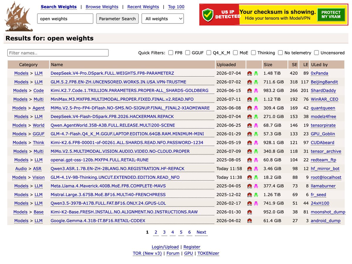 wongmjane's tweet photo. The Pirate Bay but for torrenting the forbidden open-weight AI models https://t.co/JqfTwkUibF