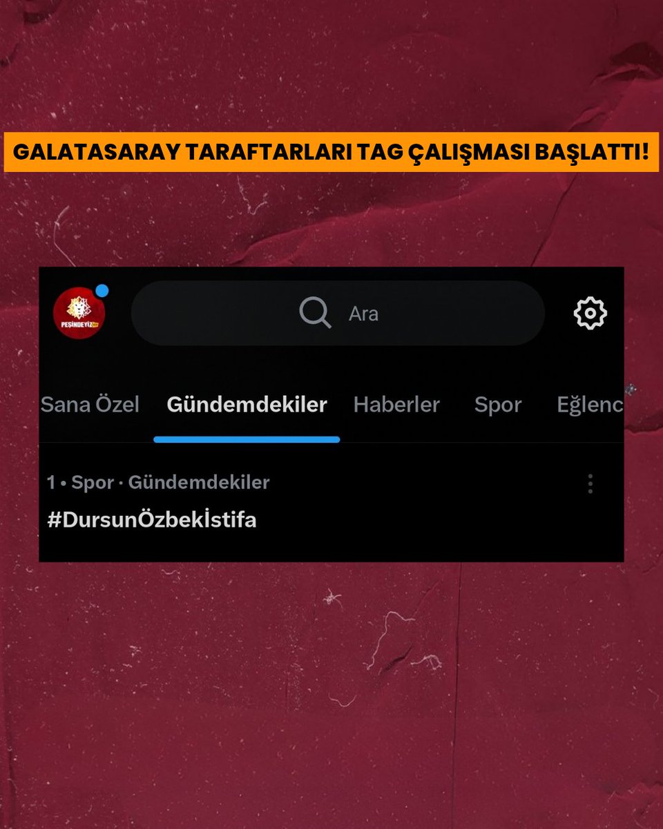 PesindeyizApp's tweet photo. Galatasaray taraftarının başlattığı #DursunÖzbekistifa etiketi Türkiye gündeminde ilk sırada. https://t.co/wNwQZ6zjro