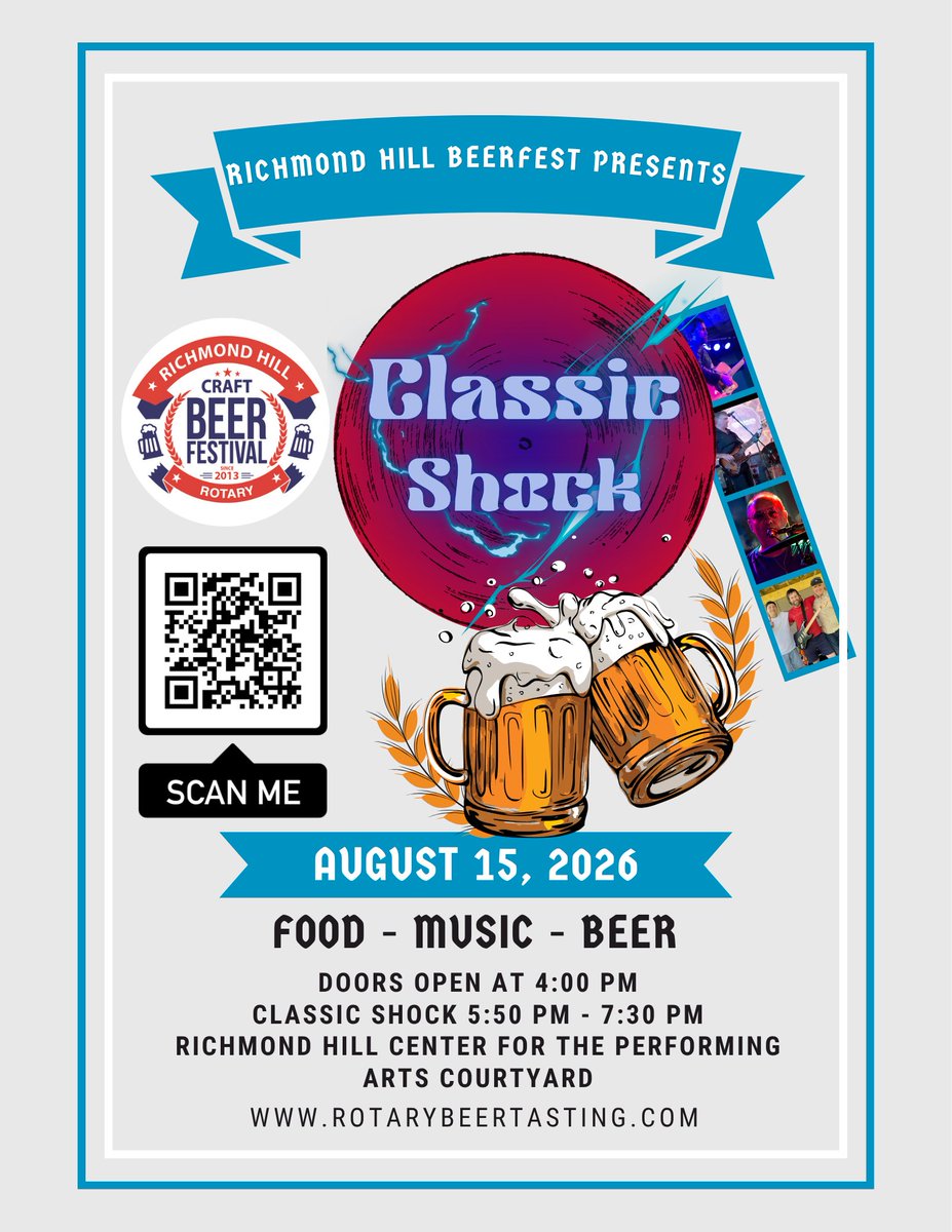 RotaryRichmondH's tweet photo. Classic Shock is coming to The Richmond Hill Rotary Craft Beer Festival!  Saturday, August 15th. Great hard rock! #RHBeer2026 https://t.co/mwKIHRNQVJ #livemusicToronto #CanadianRock #RichmondHill #OnlyInYorkRegion https://t.co/lgZQ6Gg8Ze