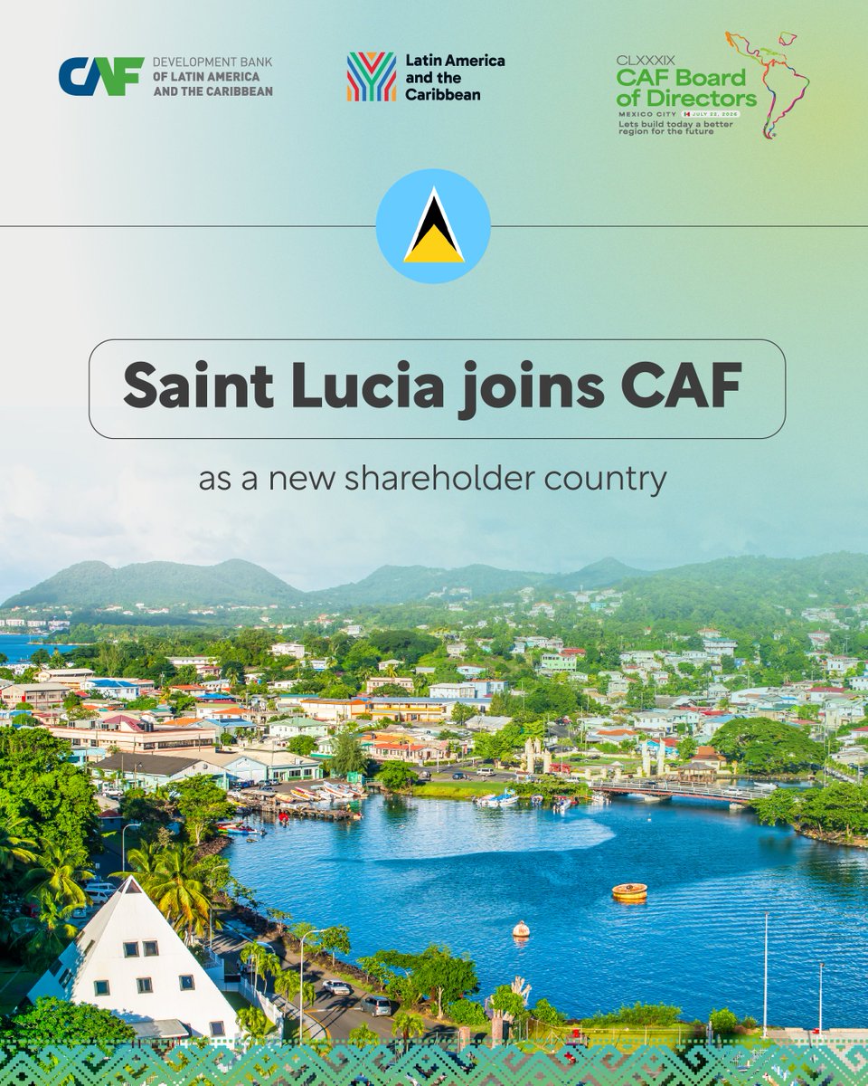 AgendaCAF's tweet photo. CAF's Board of Directors approved the incorporation of Saint Lucia as a new Series "C" shareholder country, bringing CAF's membership to 25 shareholder countries and further strengthening its presence in the Caribbean—a strategic region for regional integration. 🌎🇱🇨

https://t.co/V6CRfIpYaV