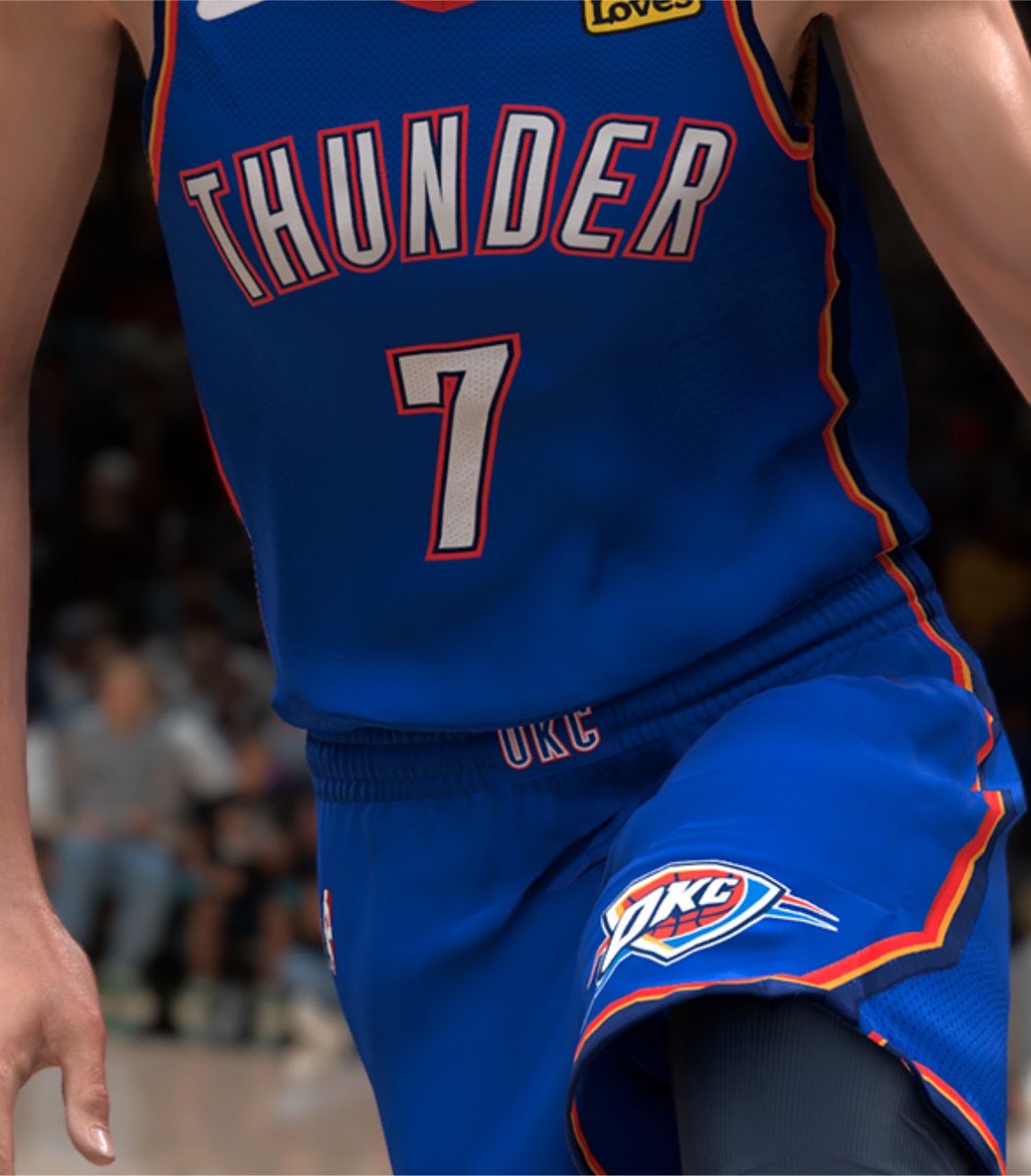 dj0ssef's tweet photo. For like the 7th year running 2k has yet to fix the stroke pattern on the icon jerseys for the thunder. 

Wordmark and number have royal blue and not navy behind the white. 

Also the belt buckle “OKC” is still wrong. 

Lazy company, lazy dev team, nothing new. https://t.co/iXYfJfKJgY