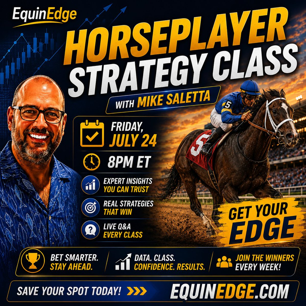 EquinEdge's tweet photo. Get race-day insights before the gates open.
Join Mike Saletta (@hockey17horses) for live handicapping, practical betting strategies, and an interactive Q&amp;A.
📅 Friday, July 24
⏰ 8:00 PM ET
FREE to join!
Reserve your spot:
https://t.co/XHsqeIjdF6 https://t.co/kztqXjvbMs