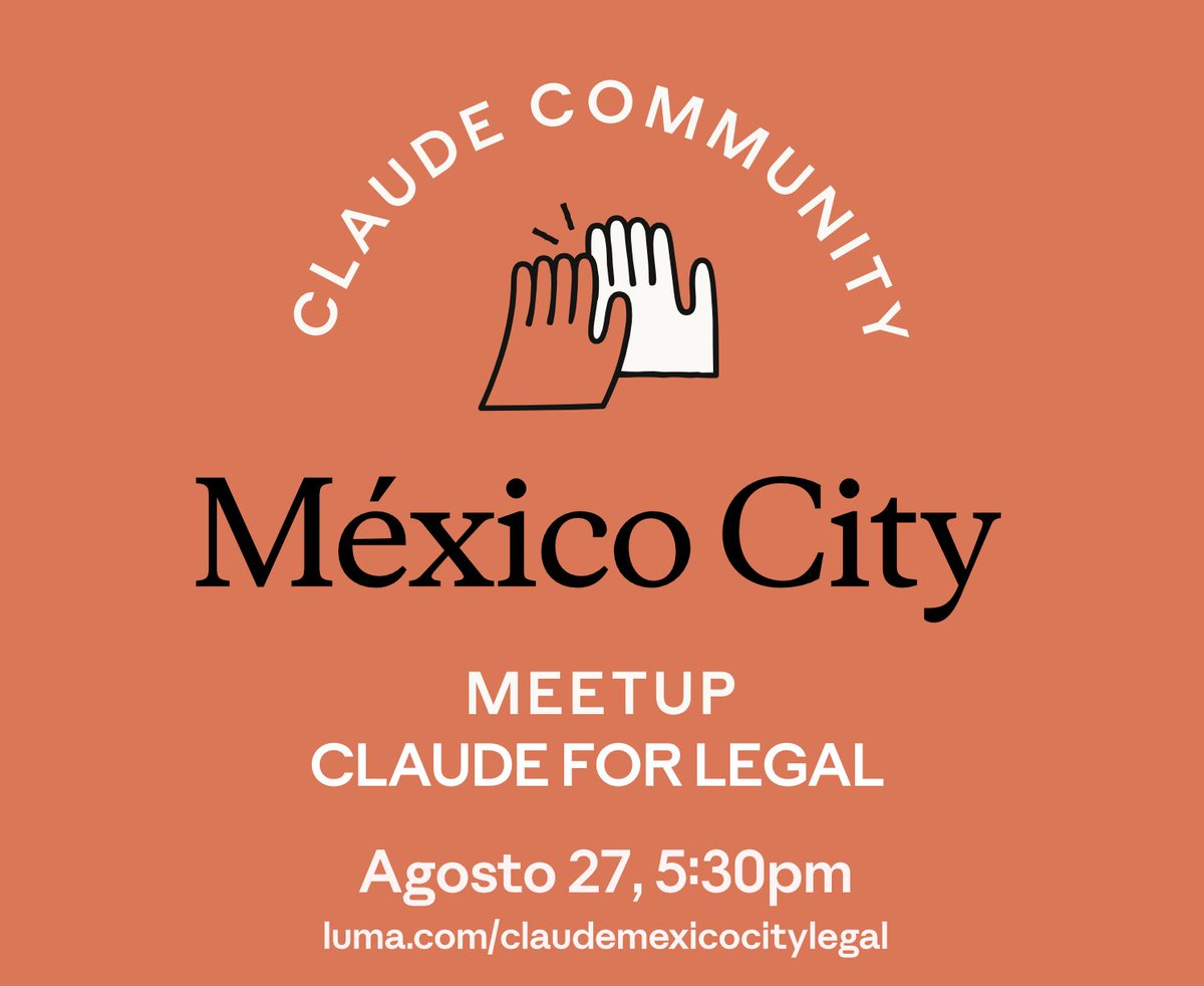 soyrichlira's tweet photo. Legal + AI, live in Mexico City 🇲🇽⚖️

First edition of Claude for Legal — hosted at the offices of Galicia Abogados, one of Mexico's top law firms.

Lawyers, legal ops, students, builders — this one's for you.

📅 Aug 27, 5:30 PM
🎟️ Limited spots: https://t.co/Kjtayaanoc

#Mexico #CDMX #Claude #AI #LegalTech #Law