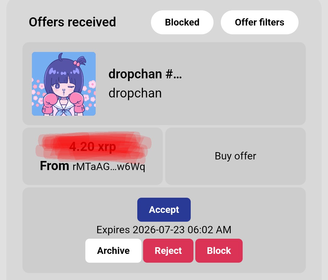MuseForge434's tweet photo. Public Service Announcement to #dropchan hodlers:💧

The low ball automated offers being placed on your dropchans are coming from an account owned by an account with 1.1 Million #XRP in it!👀

They will eat all of your lunches if you sell to them! Know what you hold! https://t.co/xybUNtoQ01