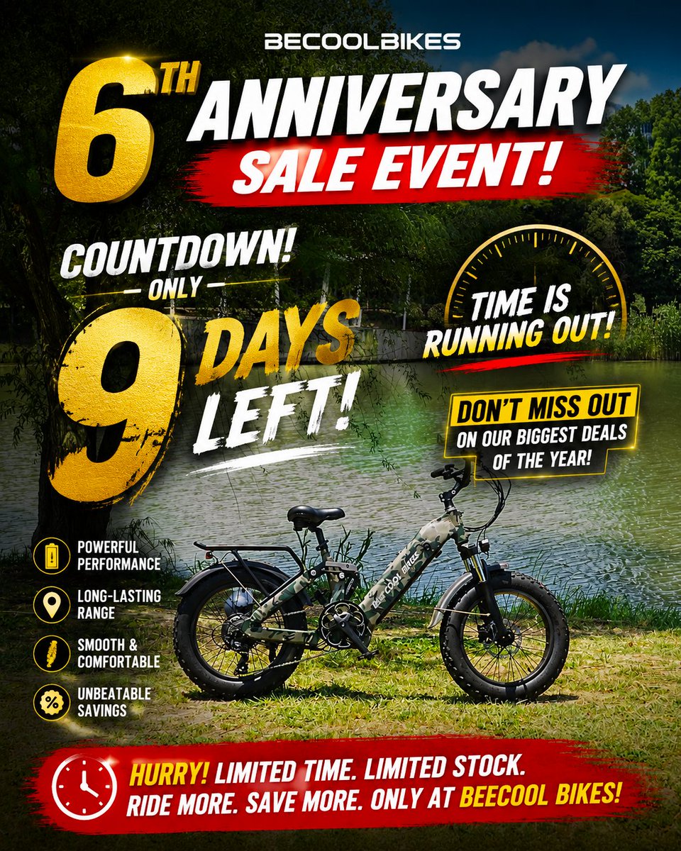 BeecoolBikes's tweet photo. 🔥 Only 9 Days Left! BeeCool Bikes 6th Anniversary Deals Ending Soon
https://t.co/Z2aP0RKkox
#BeeCoolBikes #6thAnniversarySale #eBikeDeals #ElectricBike #EBikeSale #RideElectric #DualBatteryEBike #DualMotorEBike #HighPerformanceEBike #LimitedTimeOffer #LastChance #RideIntoSummer https://t.co/VjPKTJZfhh