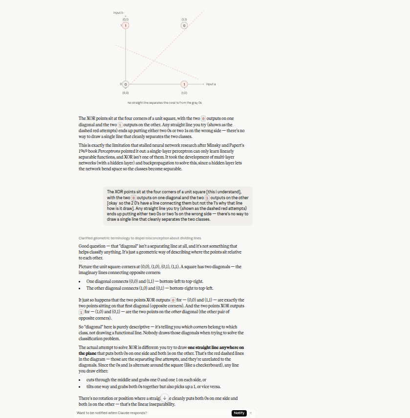 rudairo22's tweet photo. Day 1: building my own AI model

Spent months collecting resources and over-optimizing the “ideal” learning path (leaning more Karpathy than surface-level).

Started a Coding Garden @CodingGarden  walkthrough, paused at 8:43, and branched off into first-principles exploration.

Used DeepSeek, Gemini, and Claude to iterate on concepts + code. Covered: sigmoid/activation functions, MSE vs cross-entropy, MLPs, gradient descent, RLHF, and knowledge distillation.

Highlight: Claude caught a bug in the DeepSeek-generated backprop code — good reminder that model outputs still need verification. https://t.co/F3NmuWxfjS