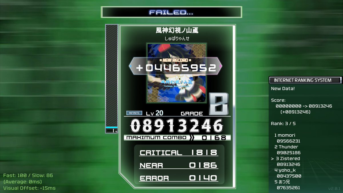 LZistered's tweet photo. 風神幻視ノ山颪 / しゅばりゃんせ
[IN] Lv20 FAILED... (SCORE: 08913246)
#SFES2026 #kshootmania 
뭐야씨발 https://t.co/DqatyP1VID