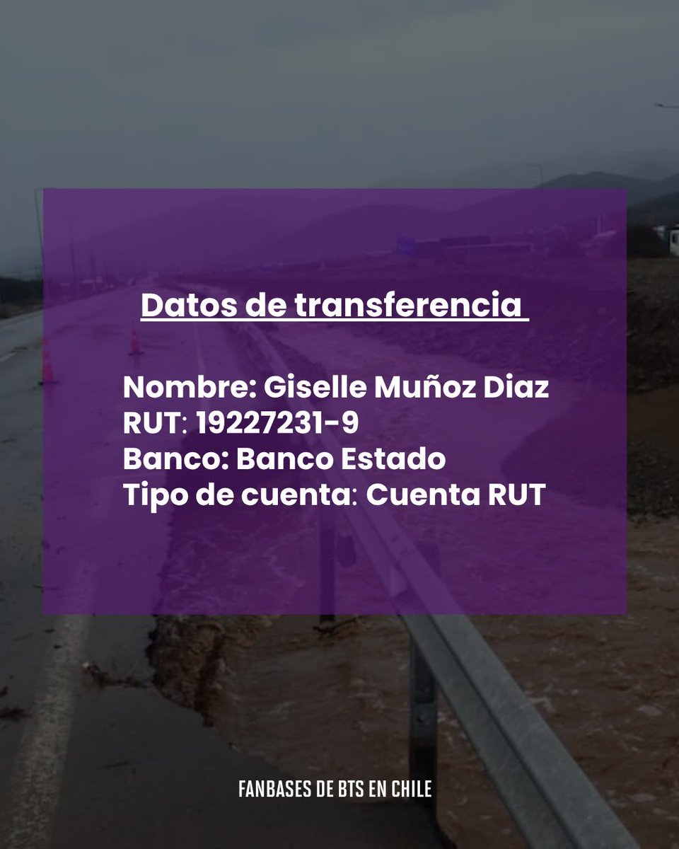 armychilensis's tweet photo. ARMY siempre ha demostrado que cuando nos unimos, podemos marcar una diferencia. Hoy queremos hacerlo nuevamente.

La Región de Coquimbo atraviesa una situación muy difícil y muchas familias necesitan ayuda urgente.

Toda donación sirve muchísimo, compartir también ayuda 💜 https://t.co/W5rJQu43JI
