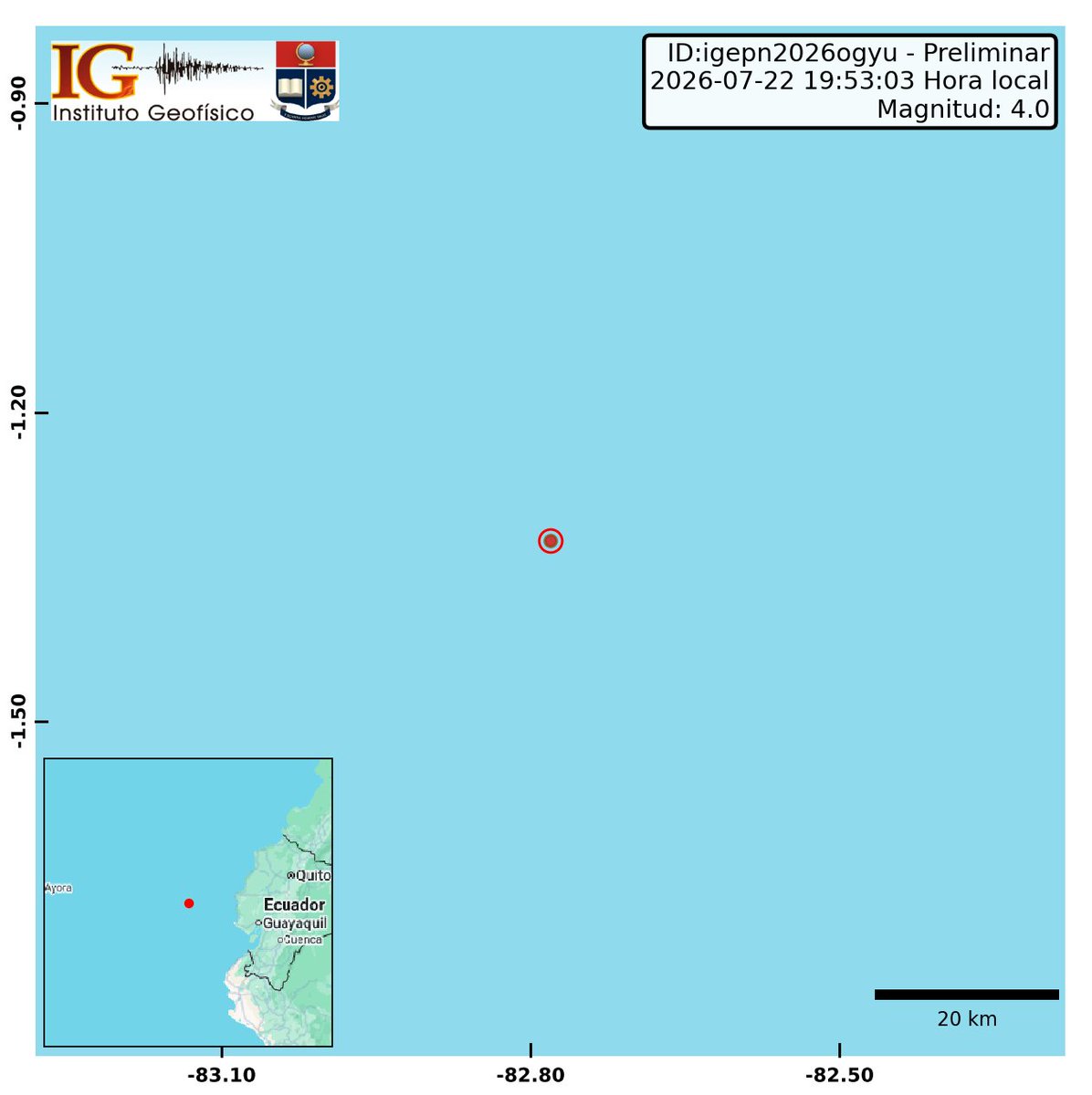 IGecuador's tweet photo. [PRELIMINAR]
Evento: igepn2026ogyu
Ocurrido: 2026-07-22 19:53:03
Mag.: 4.0M
Prof.: 5.0 km
Lat.: 1.325° S
Long.: 82.781° W
Localizado: a 221.35 km de Puerto Lopez, Manabi
Sintió este sismo? Repórtelo: https://t.co/8weioFx11b https://t.co/FPjFxRig9C