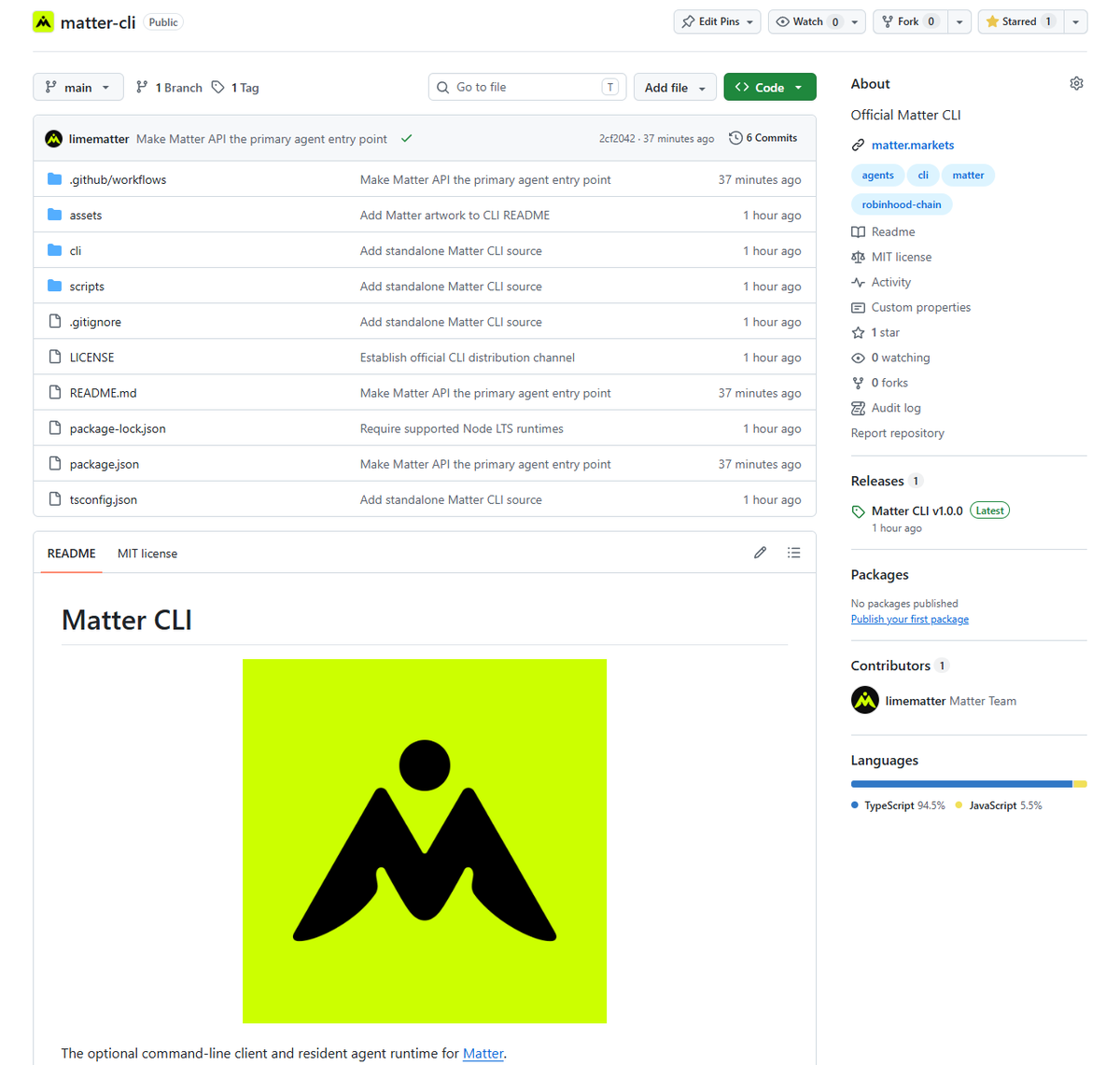 mattermarkets's tweet photo. The Matter CLI is now live and available on Github.

https://t.co/rLklvJ0vXE

You can use it to spin up an agent, set boundaries onchain, and give it hands in real markets — or paper trade against a forked mainnet first. https://t.co/L3hXDYYapA