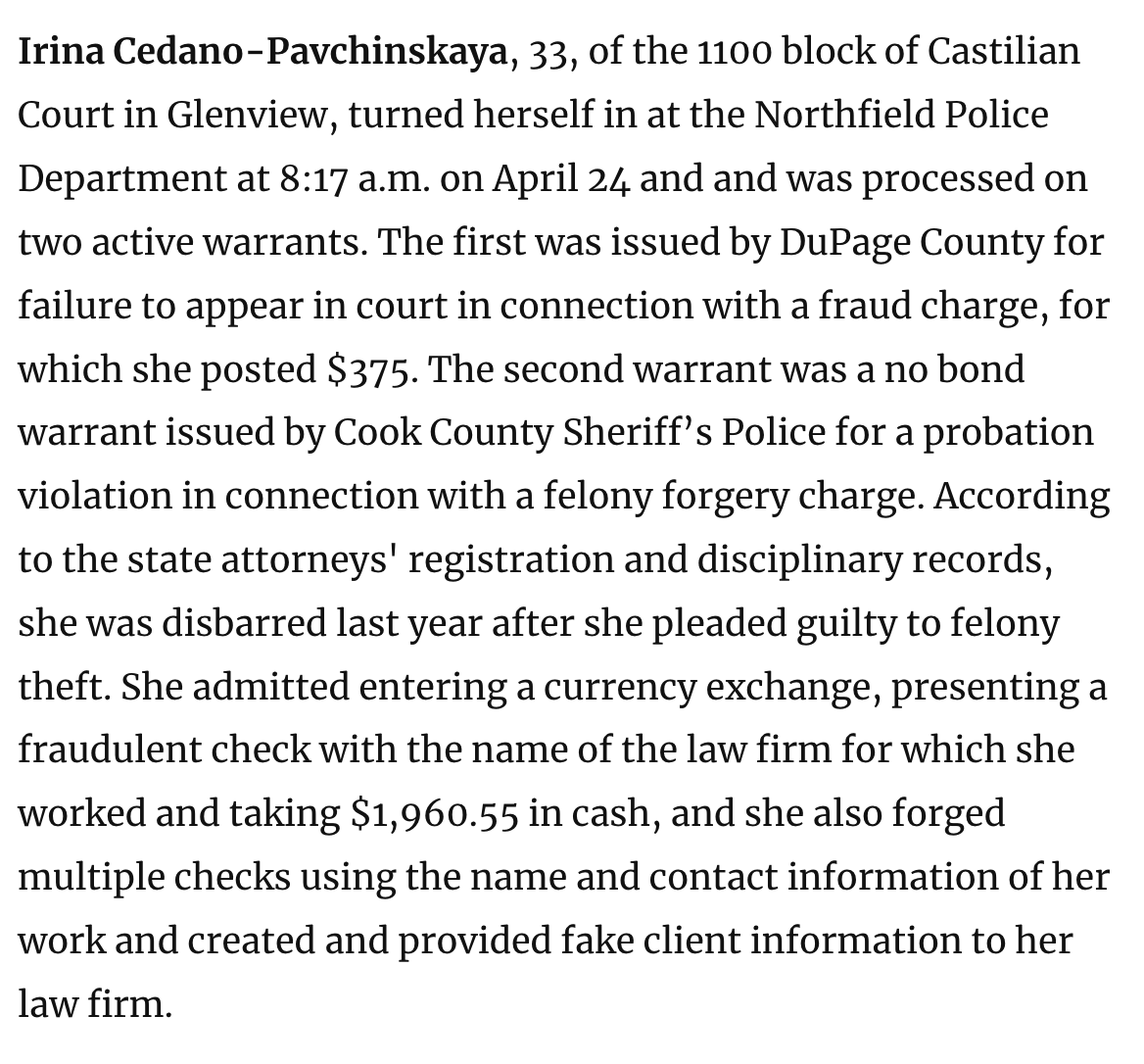 MaxBlumenthal's tweet photo. There's nothing more ironic that the persona who appears to be veteran fraudster Irina Cedano-Pavchinskaya lying about me 

Cedano-Pavchinskaya was disbarred after forging checks, then convicted of embezzlement and theft https://t.co/UMEGHBEQh5