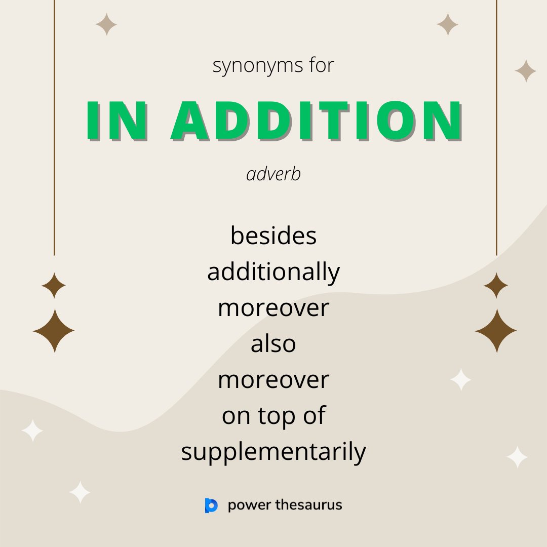 PowerThesaurus's tweet photo. https://t.co/C3Zli06jh0

If people say "in addition", they mean that they are adding more information.

E.g. "In addition, the course includes free study materials."

#synonym #thesaurus #learnenglish #ielts https://t.co/kf3lluKa4j