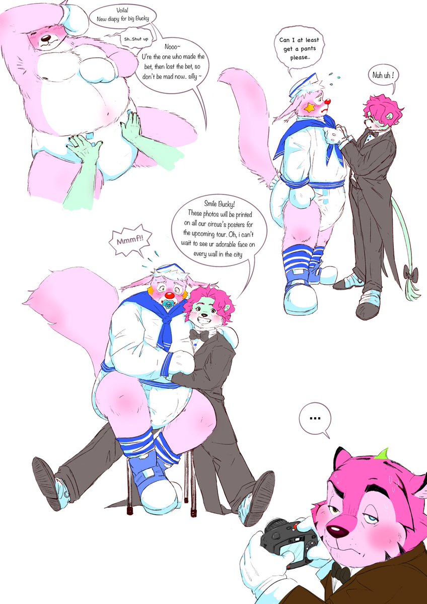 morphine_tiger's tweet photo. After found a sailor costume in their closet, Bucky started a game that he thought he would’ve win over Solomon easily. Head or tail, a coin tossed and one chubby loser now had to play dress-up with a pamped butt on a photoshoot session.

#furryart #clown #abdl #diaper https://t.co/aNvyVrHvV1