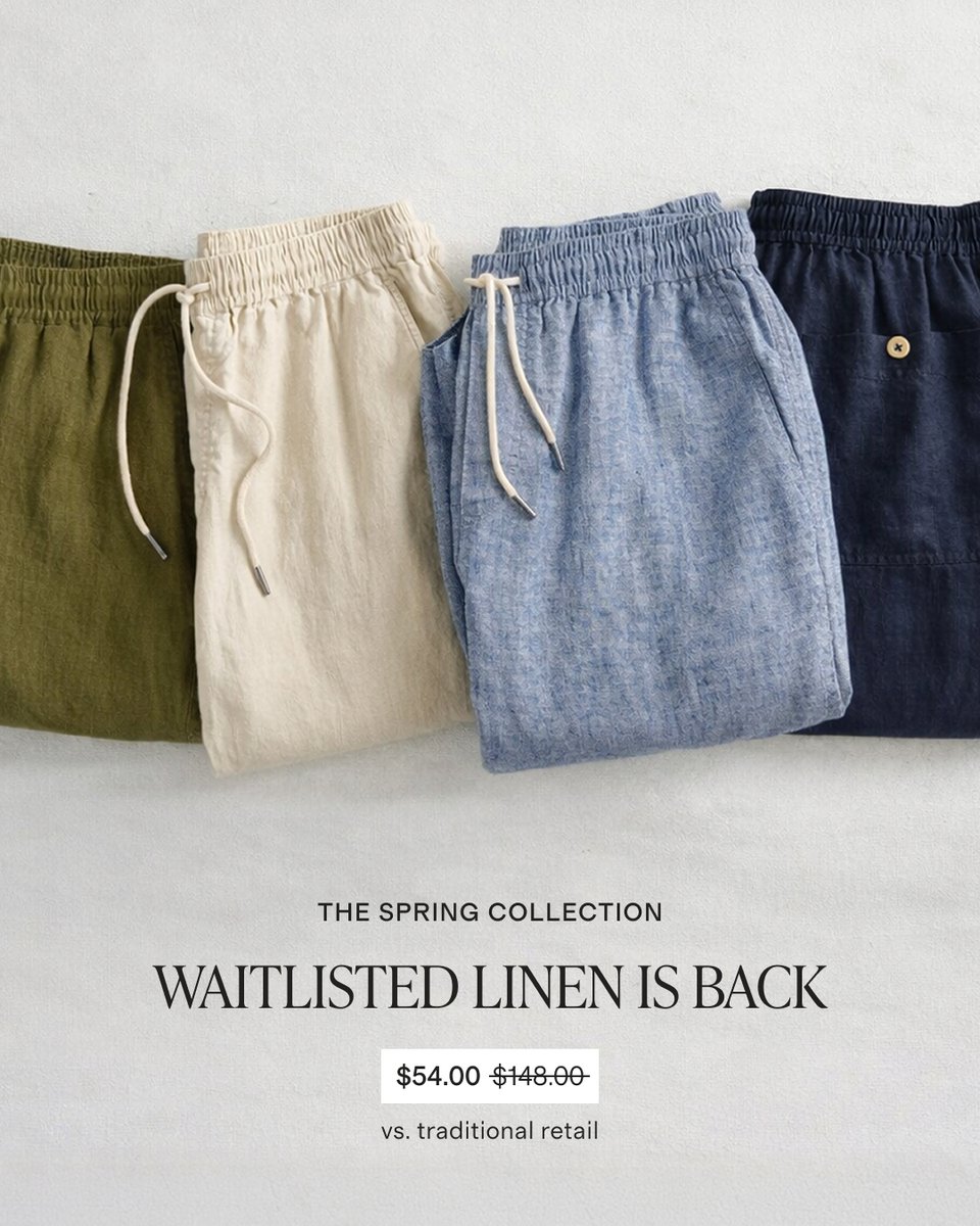onequince's tweet photo. Perfect fit. All-day comfort. For half the price. 

From work to weekends, 5,000+ men swear by our linen apparel. 
Thoughtfully designed for date nights, casual days, and everything in between.

Stock is limited—don’t miss out!