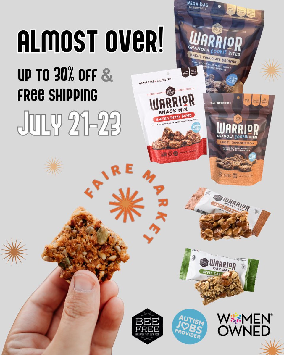 beefreeGF's tweet photo. Faire Market is almost over!

This is your last chance to stock up on Warrior Snacks with exclusive Faire Market savings. Whether you're restocking customer favorites or trying something new, don't miss these limited-time wholesale deals.

Every order helps support BeeFree Bakes' Warriors at Work program, creating meaningful job training opportunities for adults with autism and other disabilities.
Shop now before Faire Market ends! 

https://t.co/W1jzpPSg9v